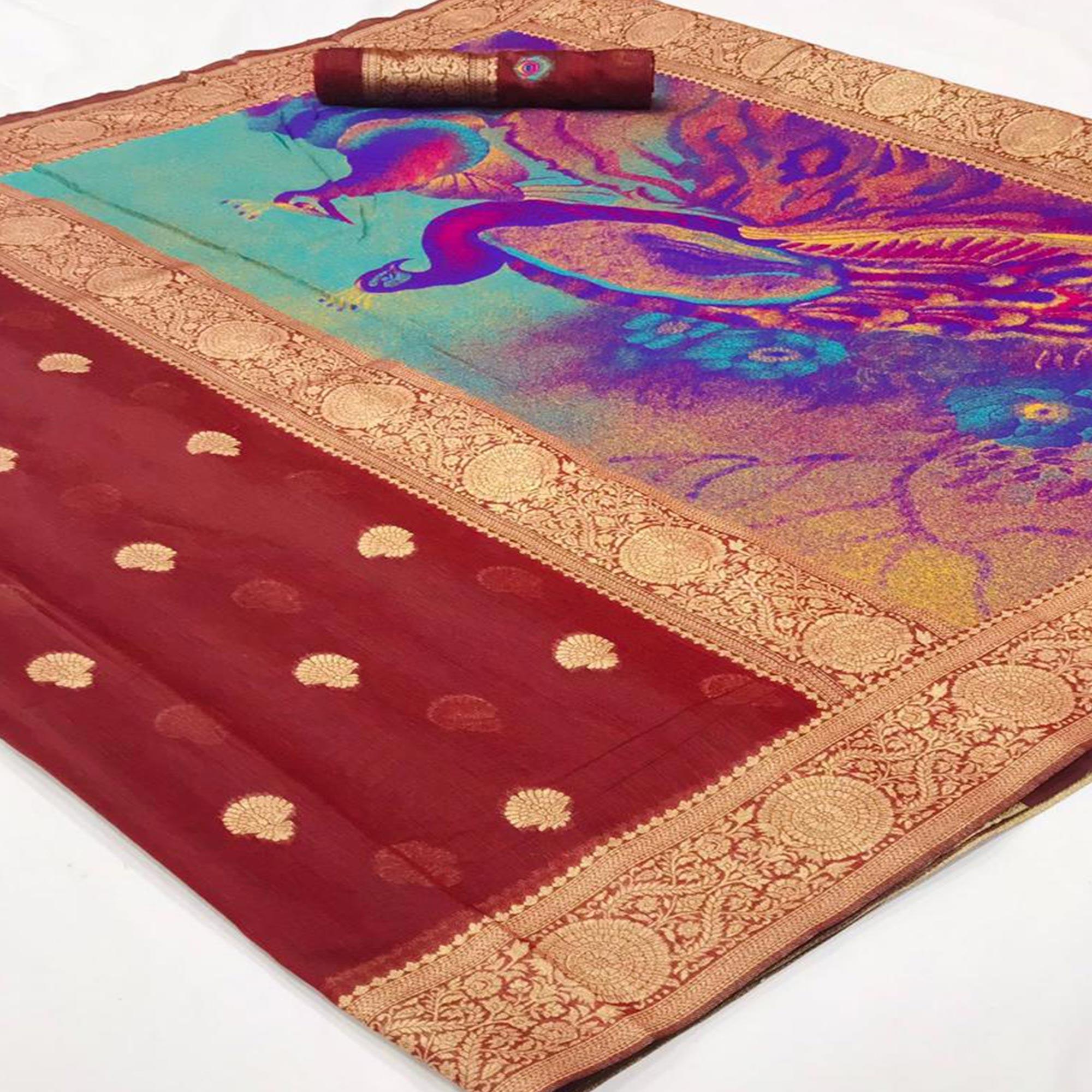 Maroon Partywear Woven Silk Saree - Peachmode