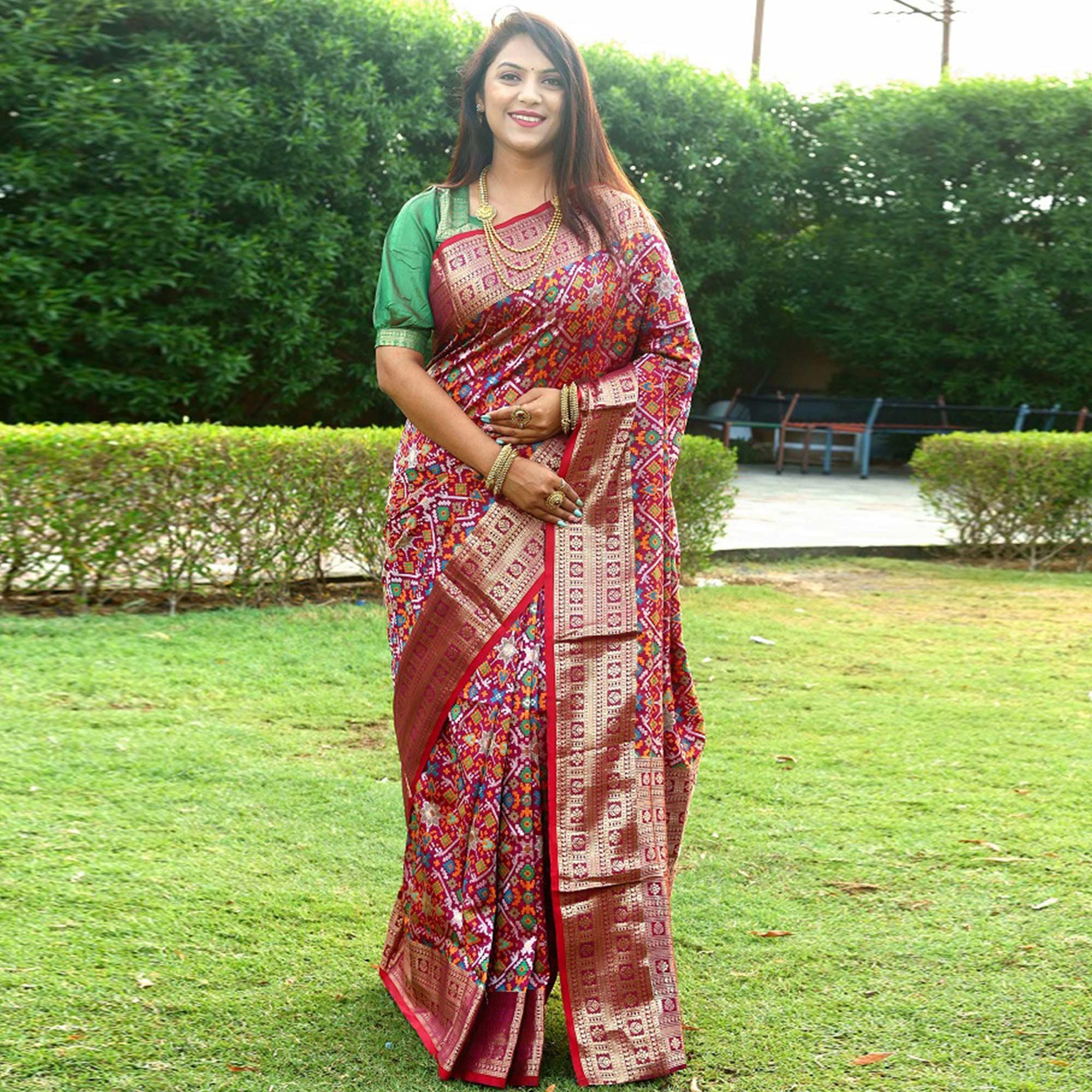 Maroon Patola Printed Art Silk Saree - Peachmode