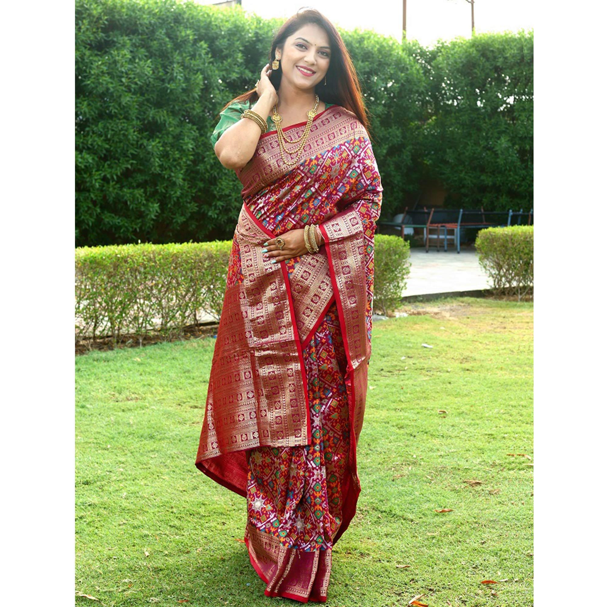 Maroon Patola Printed Art Silk Saree - Peachmode