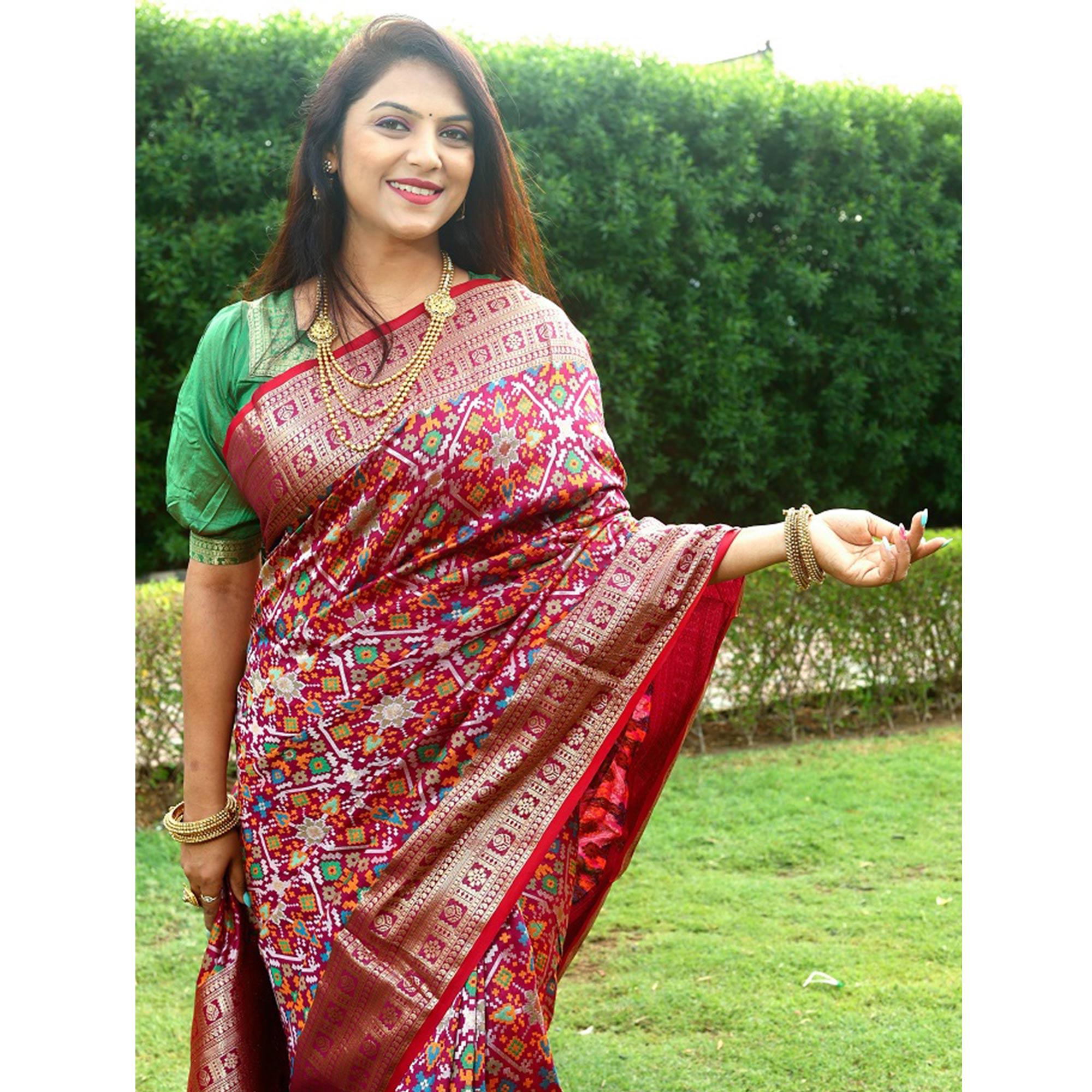 Maroon Patola Printed Art Silk Saree - Peachmode