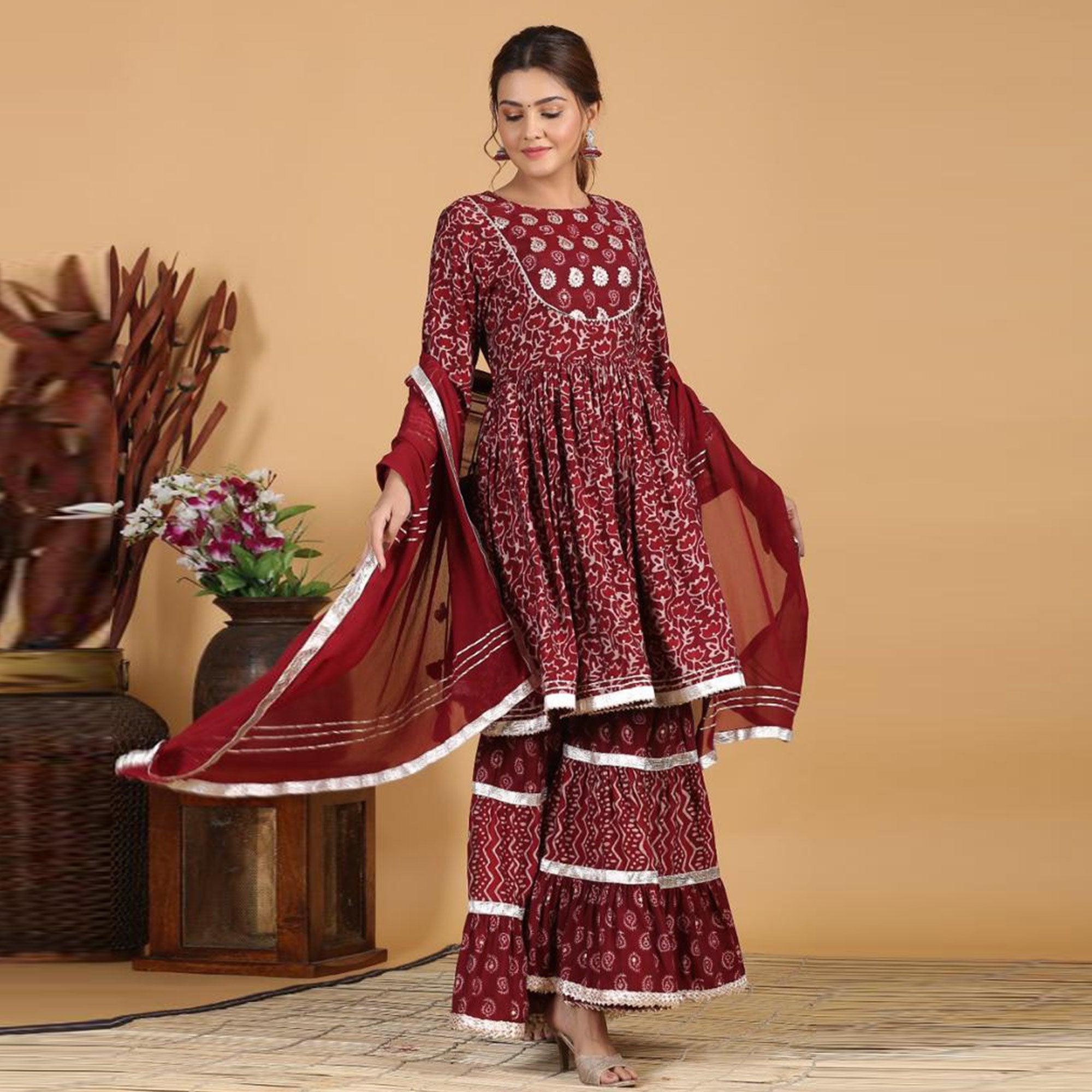 Maroon Patywear Printed With Gotta Patti Cotton Palazzo Suit - Peachmode