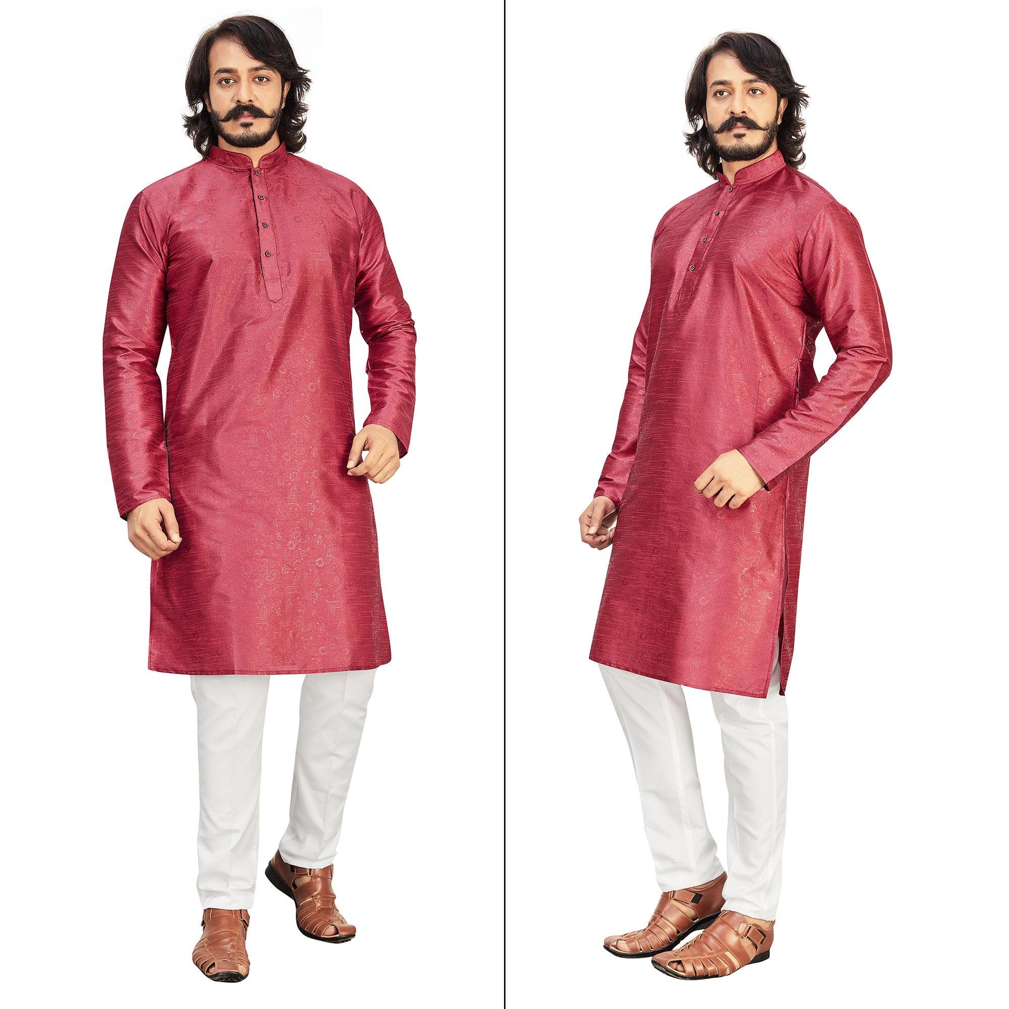 Maroon Printed Art Silk Men's Kurta Pyjama Set - Peachmode