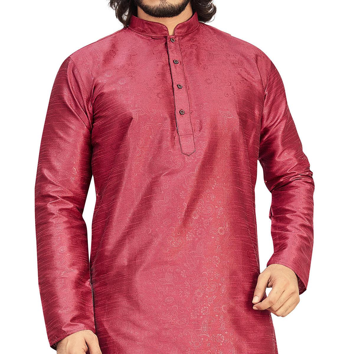 Maroon Printed Art Silk Men's Kurta Pyjama Set - Peachmode