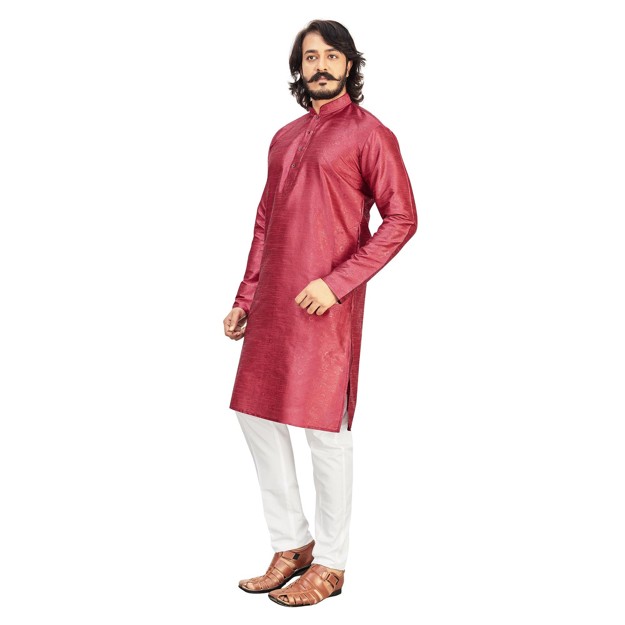 Maroon Printed Art Silk Men's Kurta Pyjama Set - Peachmode