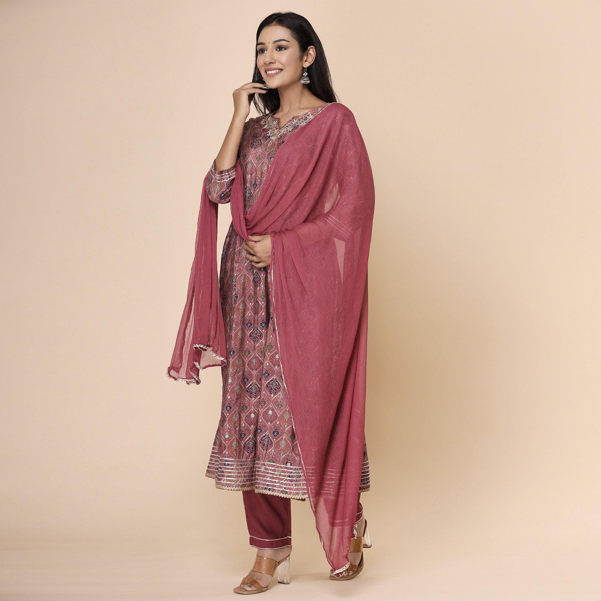 Maroon Printed Cotton Silk Anarkali Kurti Pant Set With Dupatta - Peachmode