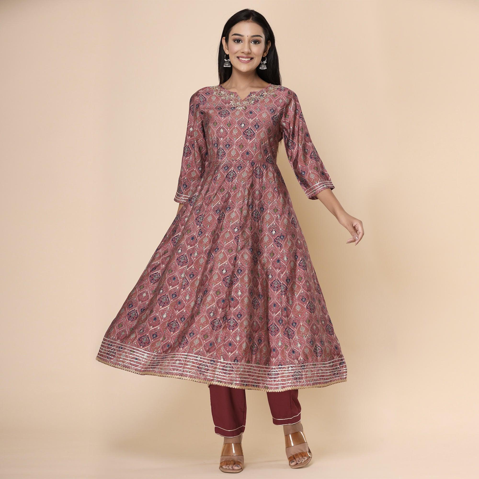 Maroon Printed Cotton Silk Anarkali Kurti Pant Set With Dupatta - Peachmode