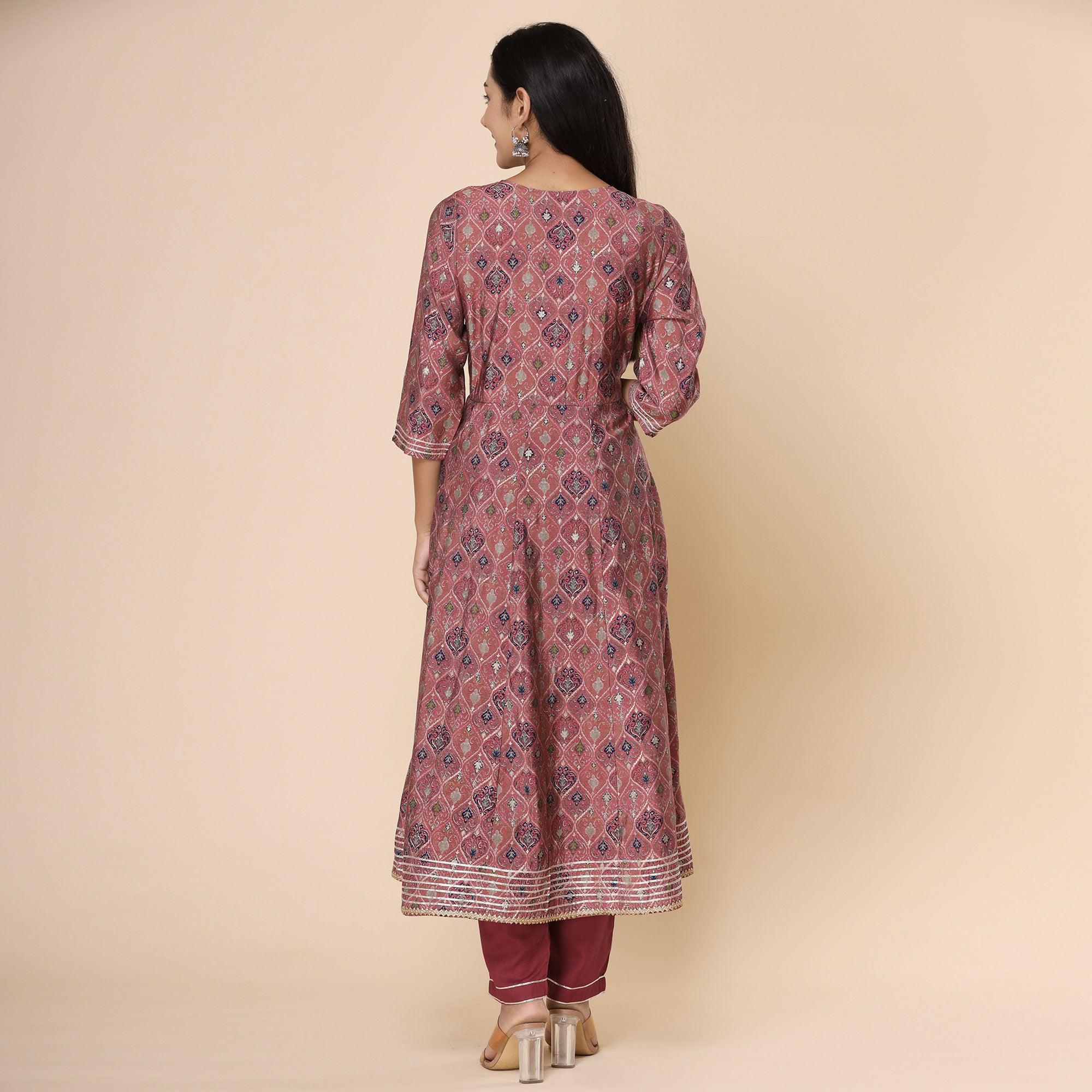 Maroon Printed Cotton Silk Anarkali Kurti Pant Set With Dupatta - Peachmode