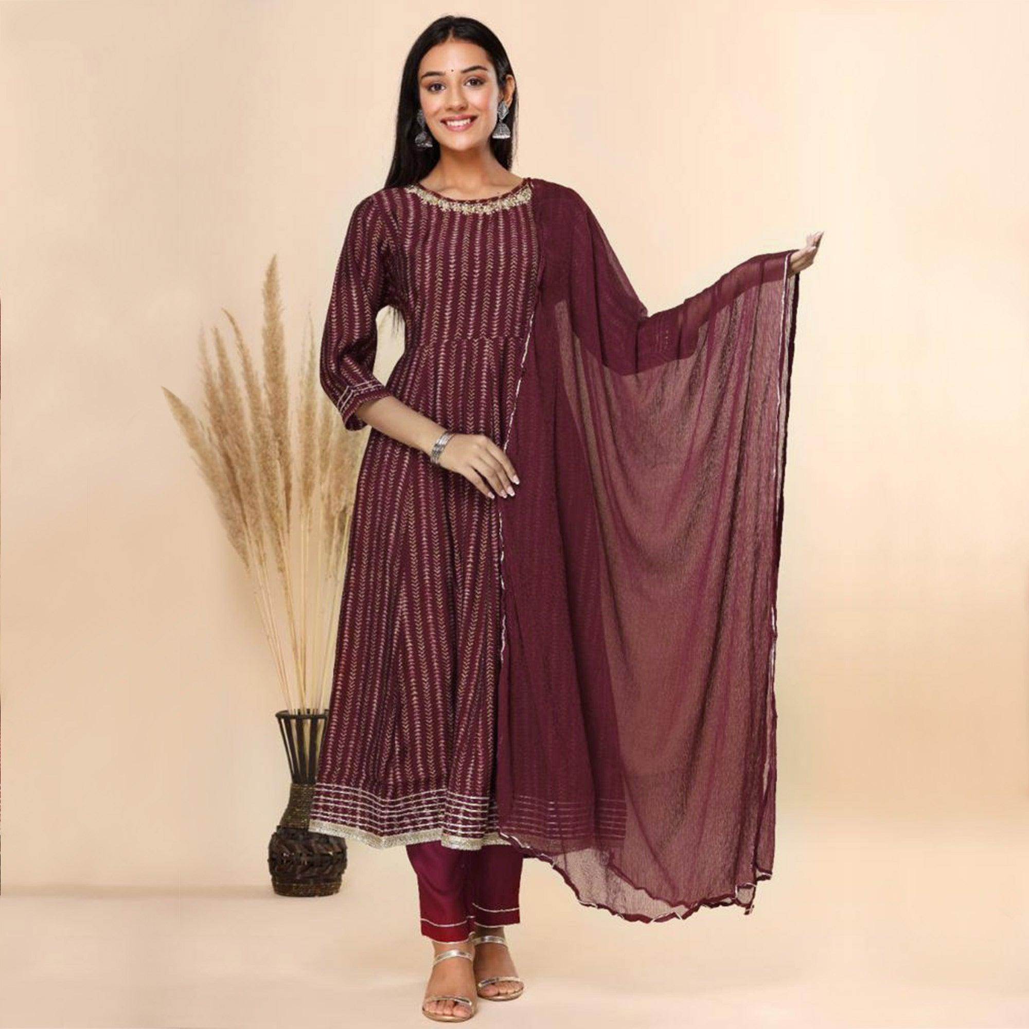 Maroon Printed Cotton Silk Anarkali Suit - Peachmode
