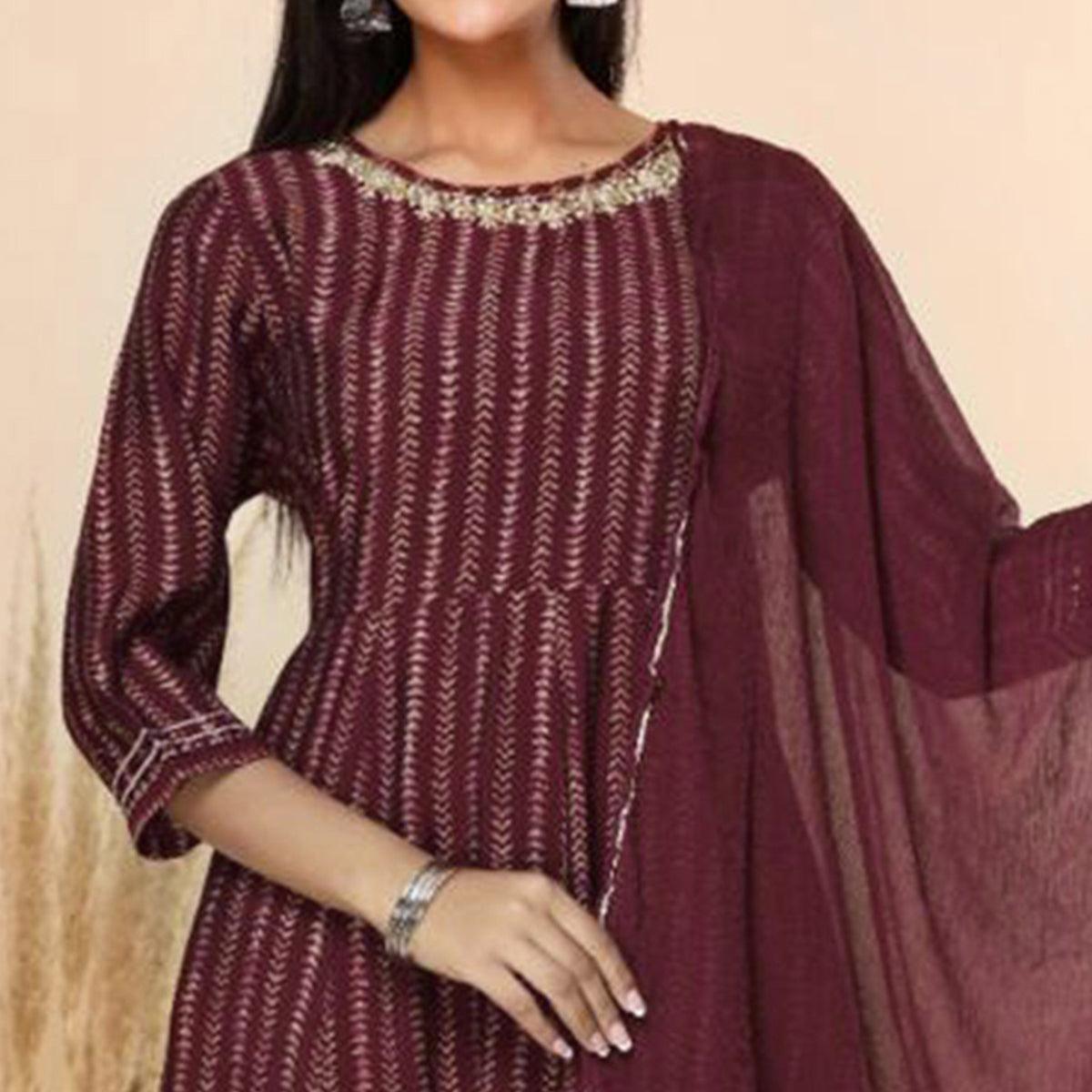 Maroon Printed Cotton Silk Anarkali Suit - Peachmode