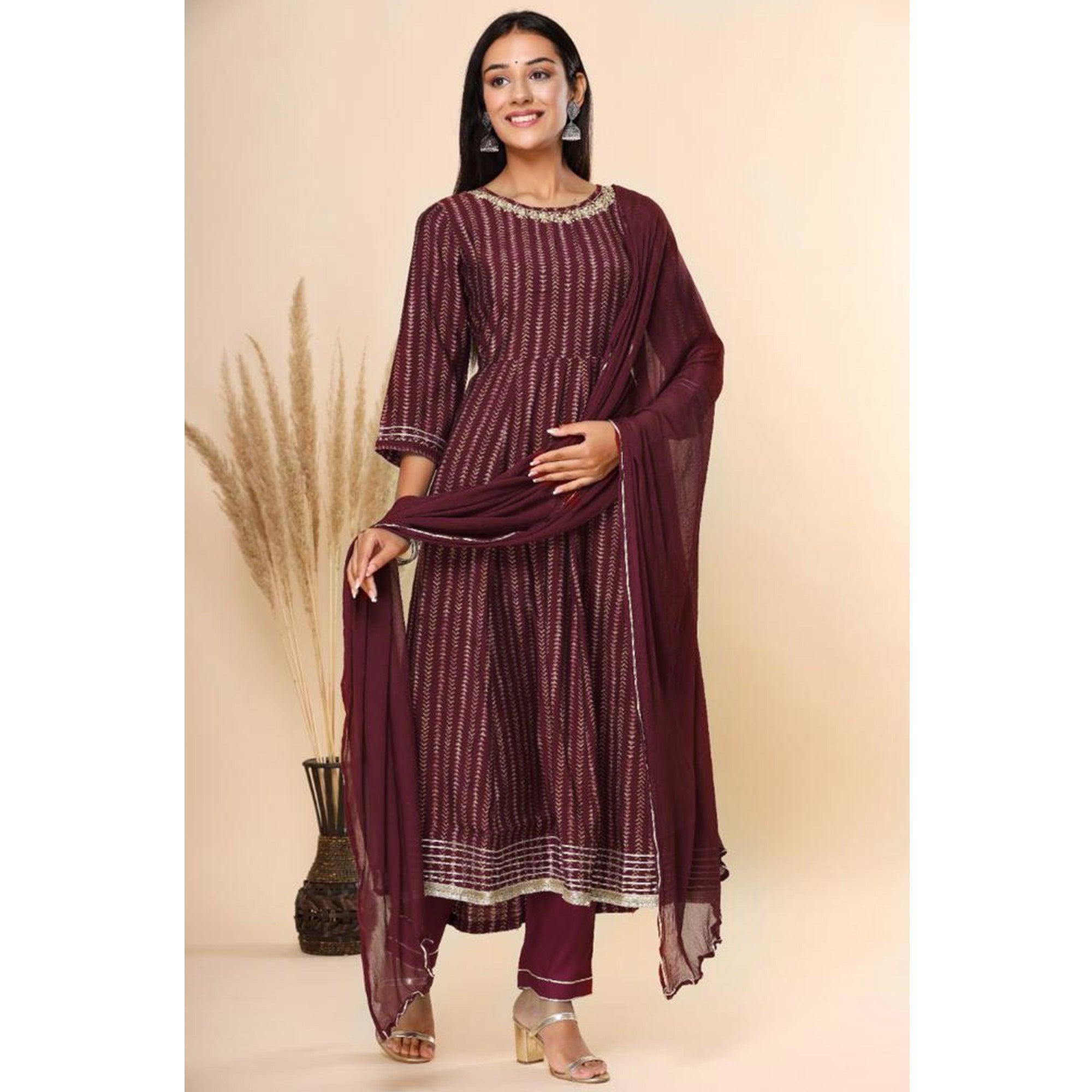 Maroon Printed Cotton Silk Anarkali Suit - Peachmode