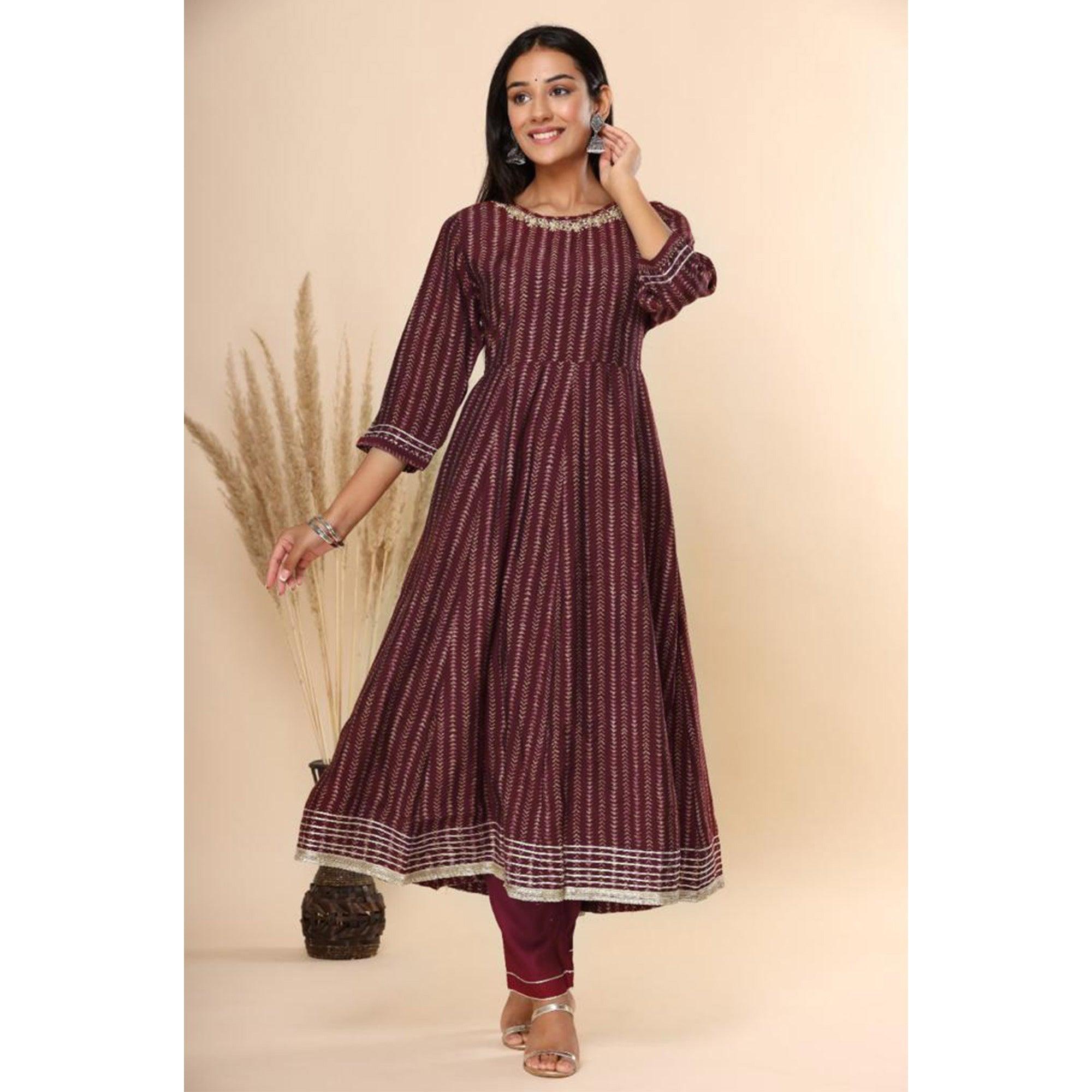 Maroon Printed Cotton Silk Anarkali Suit - Peachmode