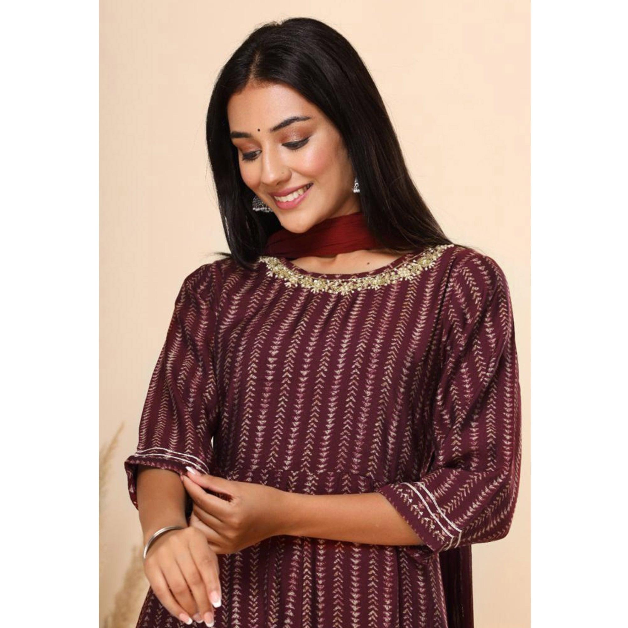 Maroon Printed Cotton Silk Anarkali Suit - Peachmode