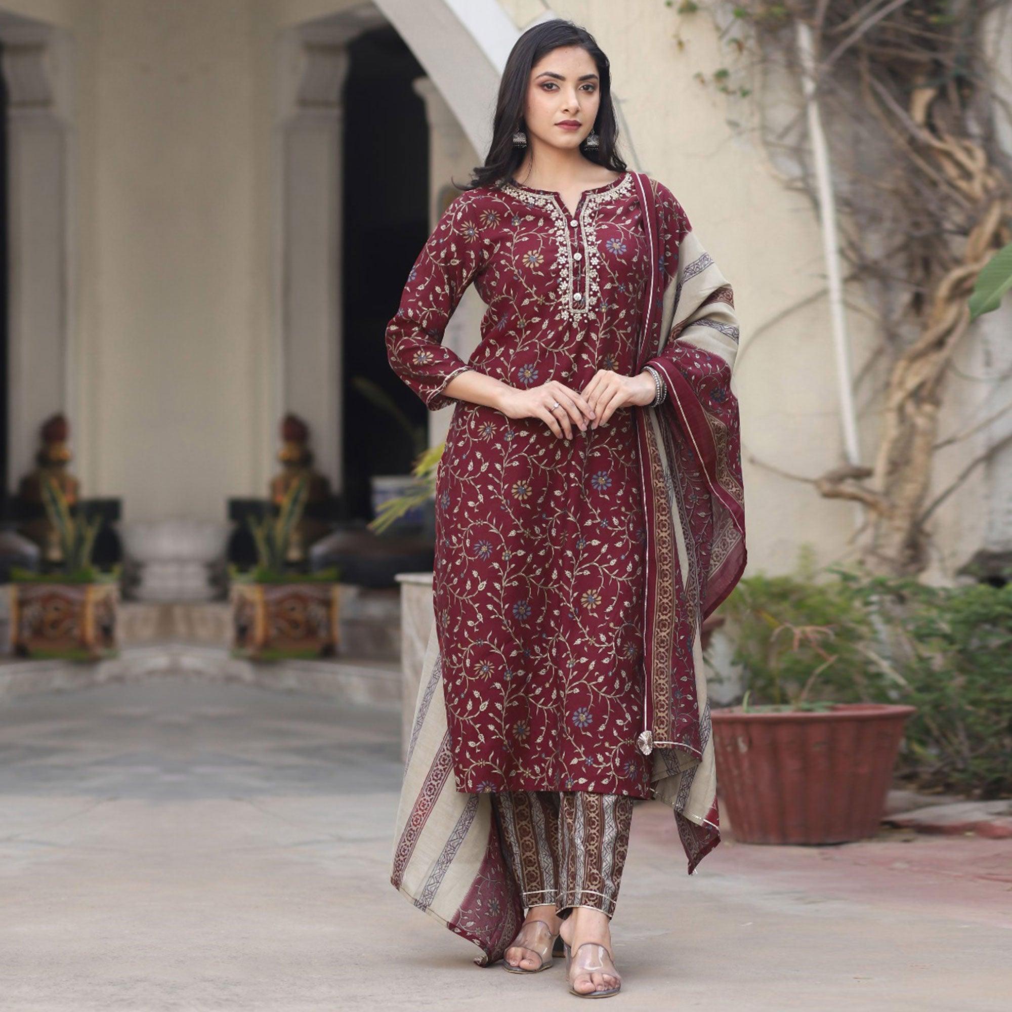 Maroon Printed Cotton Silk Kurti Pant Set With Dupatta - Peachmode