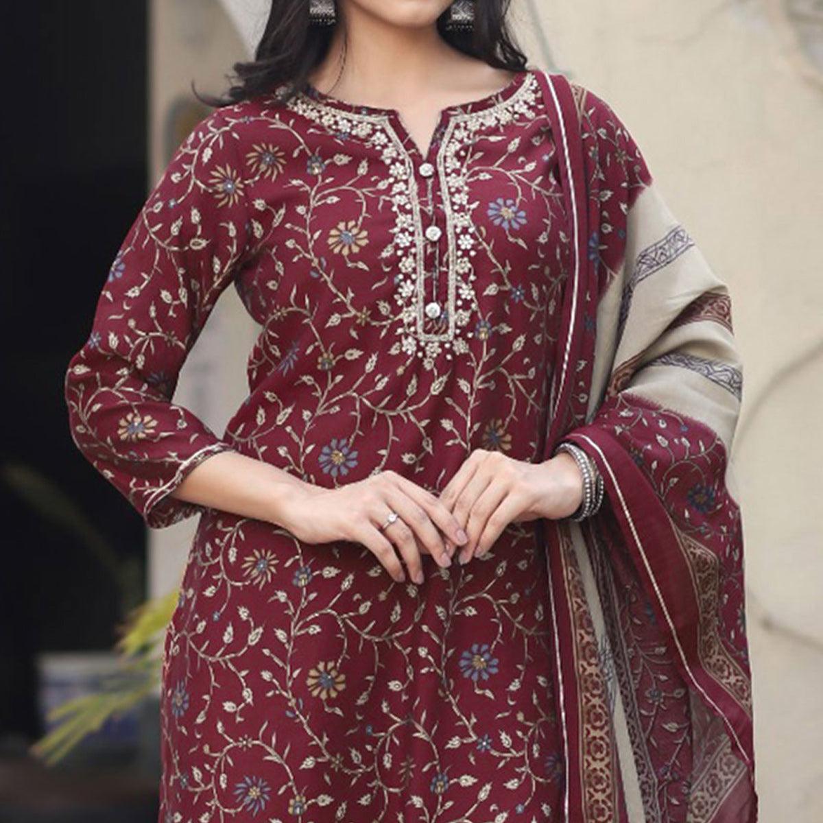 Maroon Printed Cotton Silk Kurti Pant Set With Dupatta - Peachmode