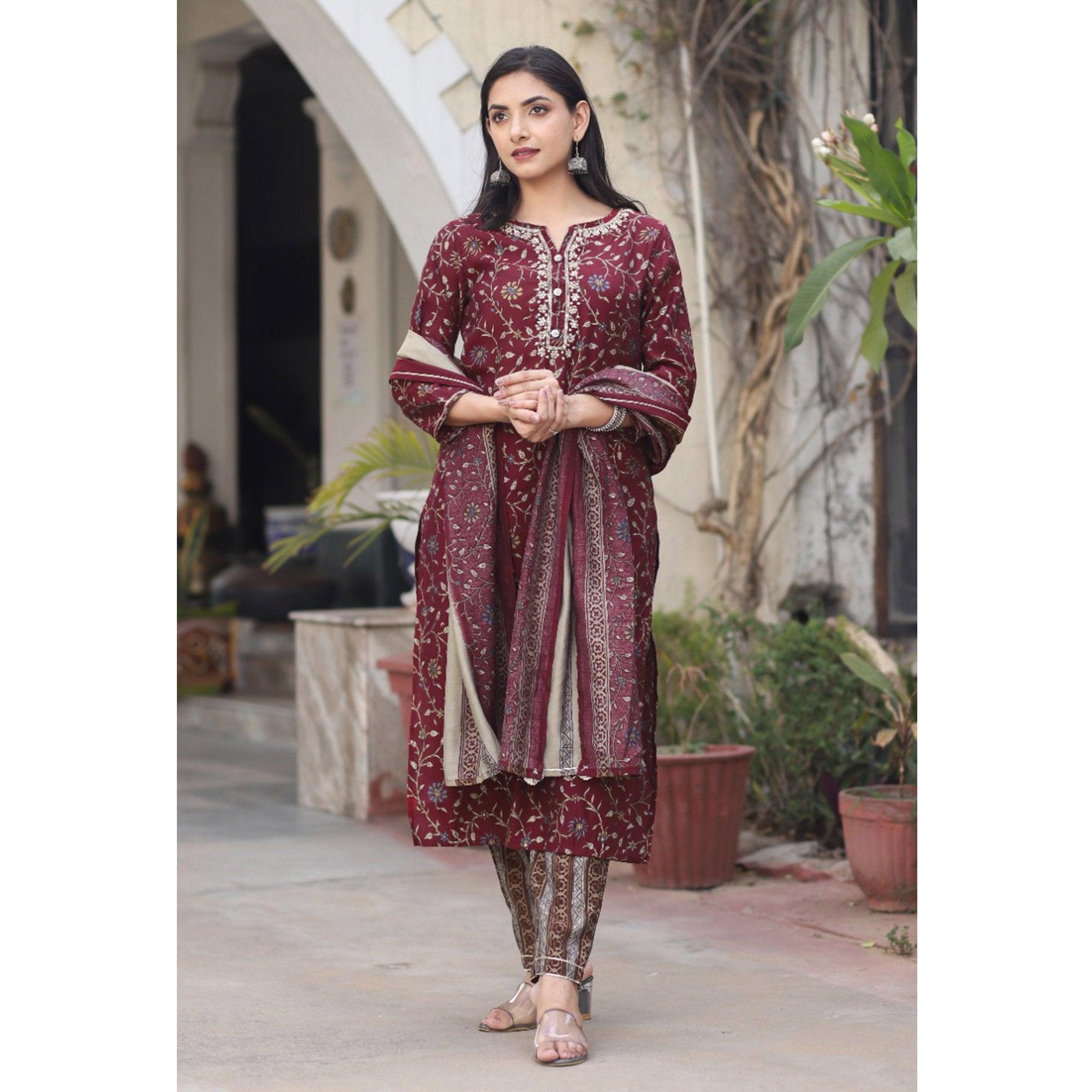 Maroon Printed Cotton Silk Kurti Pant Set With Dupatta - Peachmode
