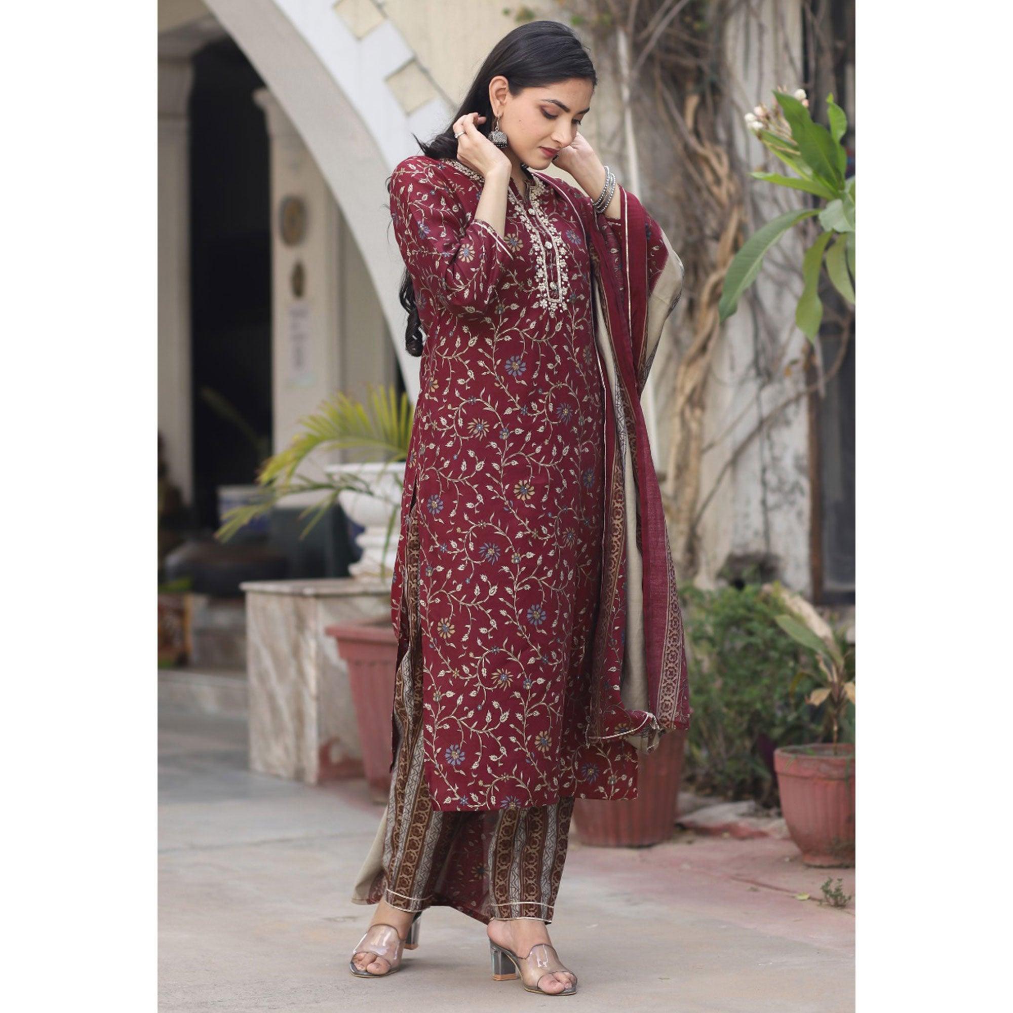 Maroon Printed Cotton Silk Kurti Pant Set With Dupatta - Peachmode