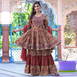 Maroon Printed-Embroidered Chanderi Sharara Suit - Peachmode