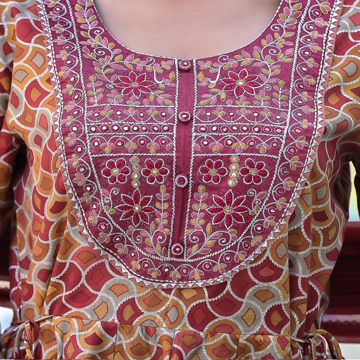Maroon Printed-Embroidered Chanderi Sharara Suit - Peachmode