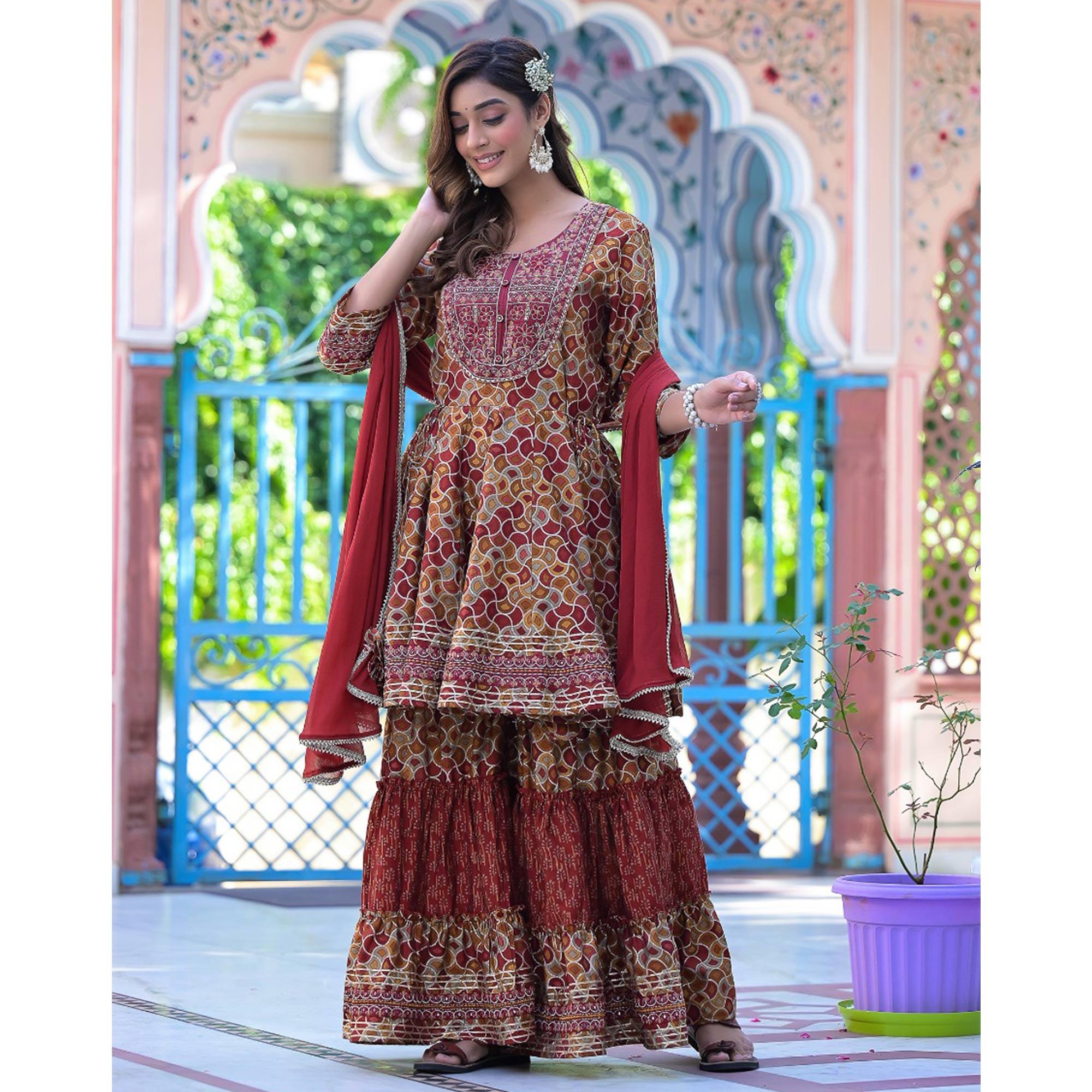 Maroon Printed-Embroidered Chanderi Sharara Suit - Peachmode