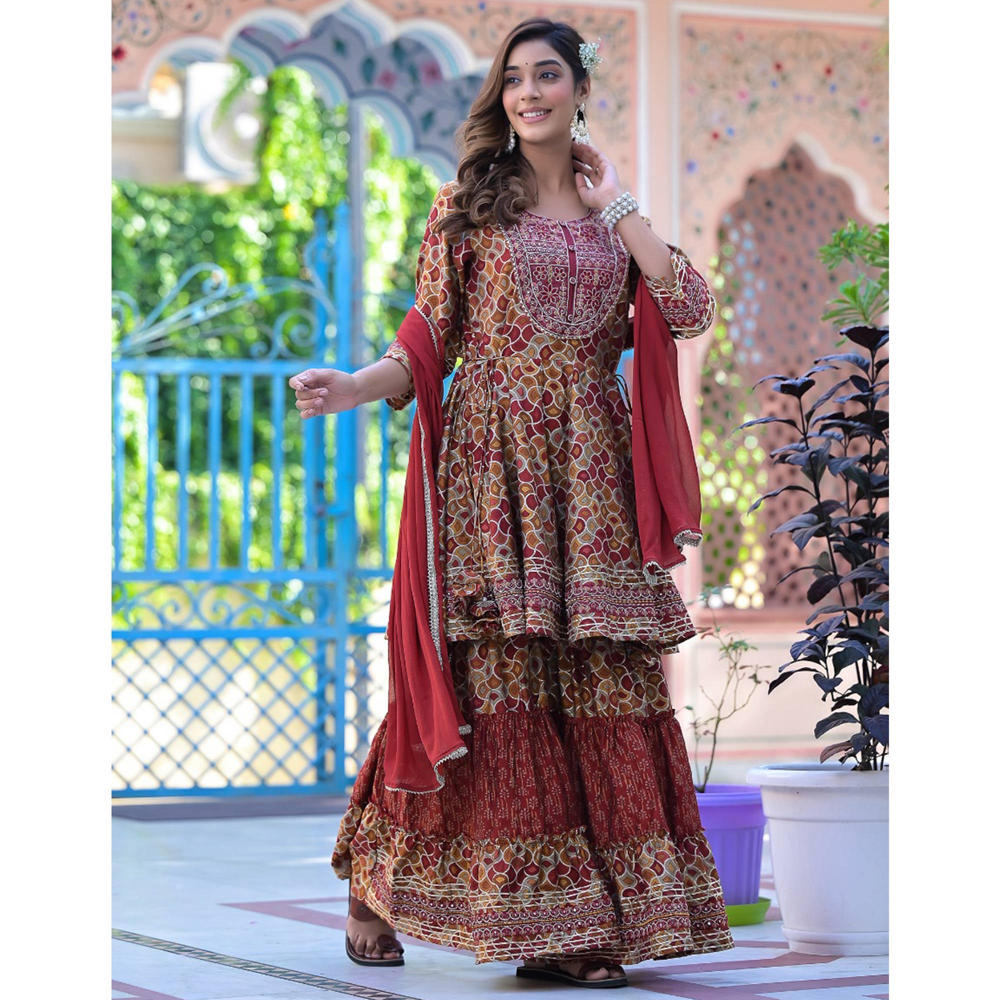 Maroon Printed-Embroidered Chanderi Sharara Suit - Peachmode