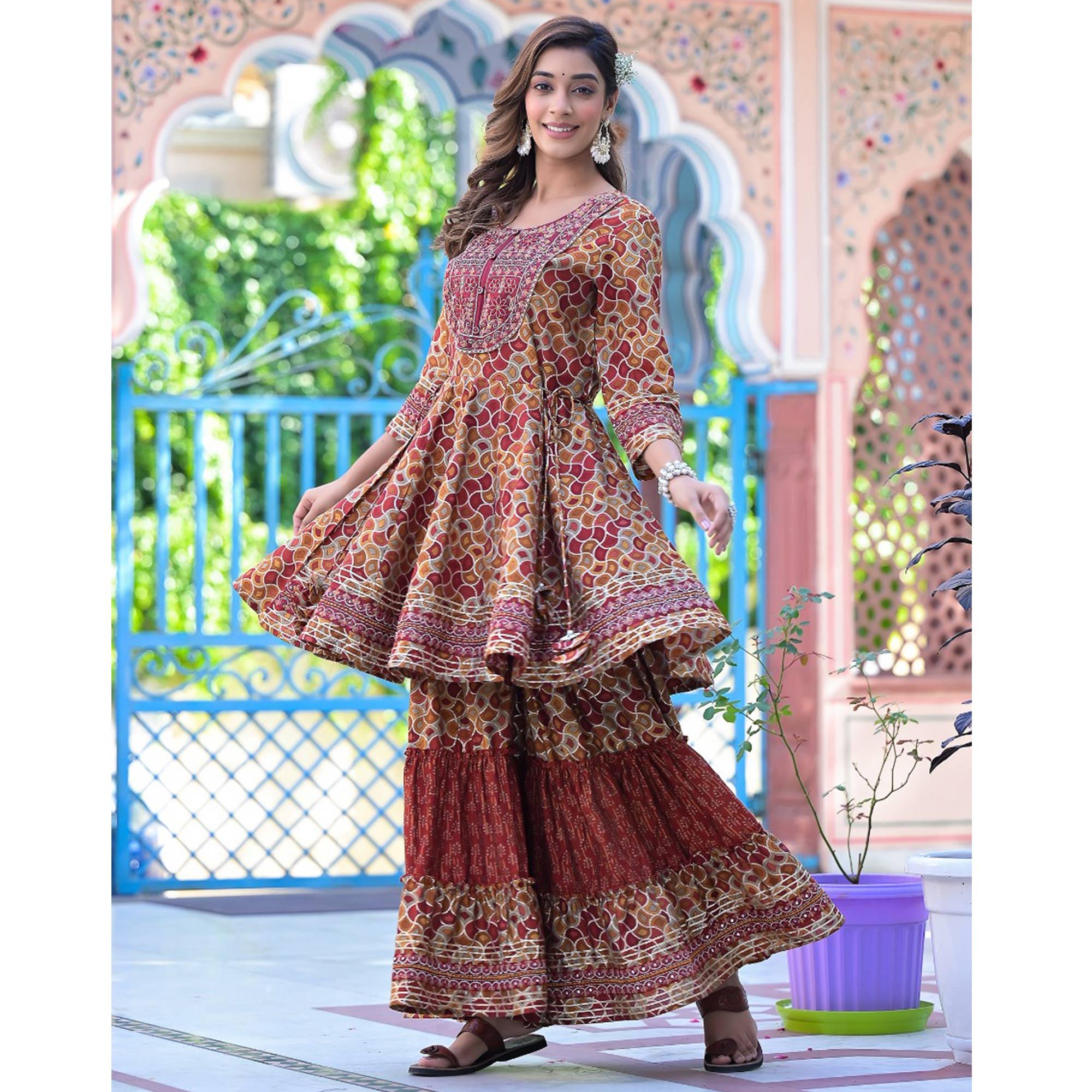 Maroon Printed-Embroidered Chanderi Sharara Suit - Peachmode