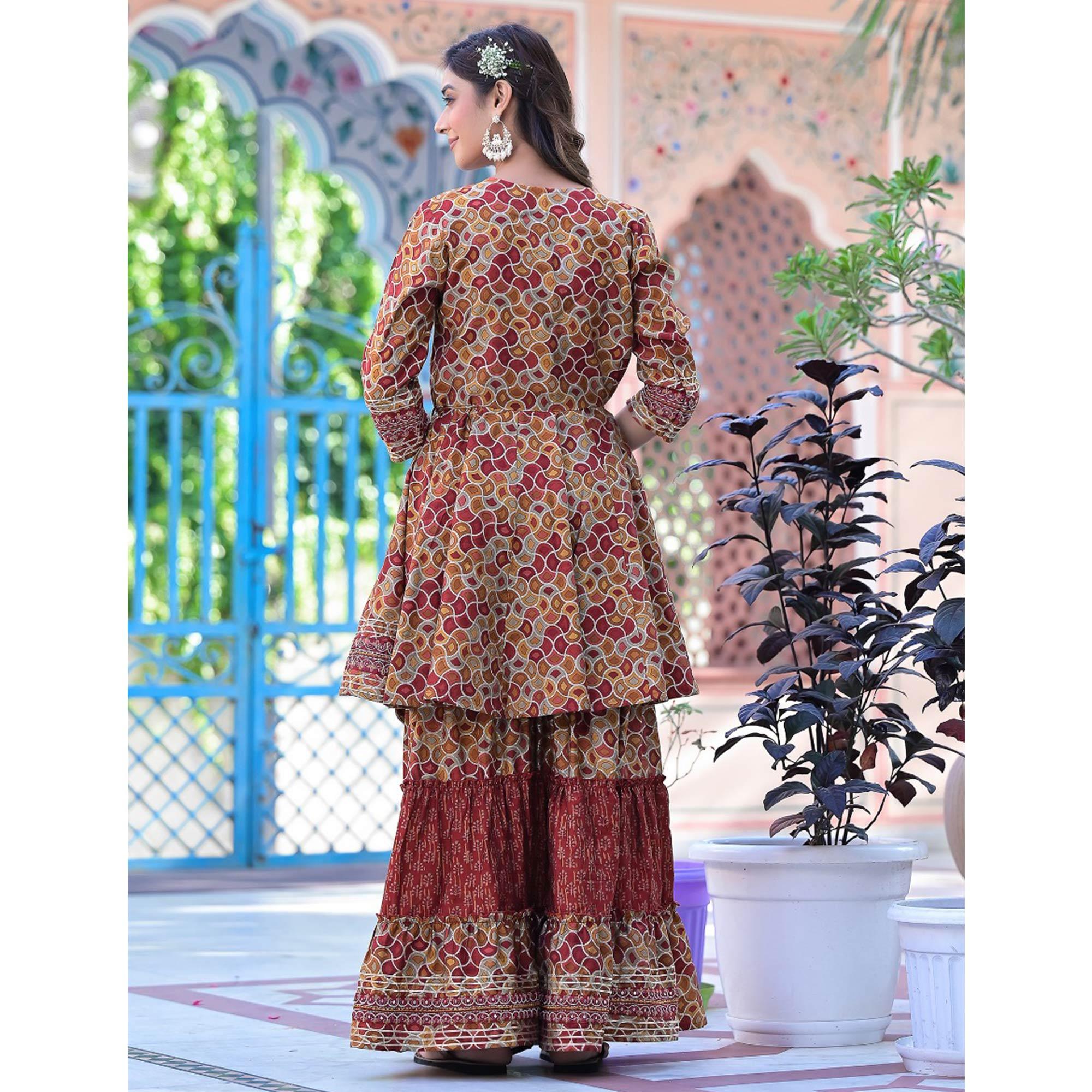 Maroon Printed-Embroidered Chanderi Sharara Suit - Peachmode