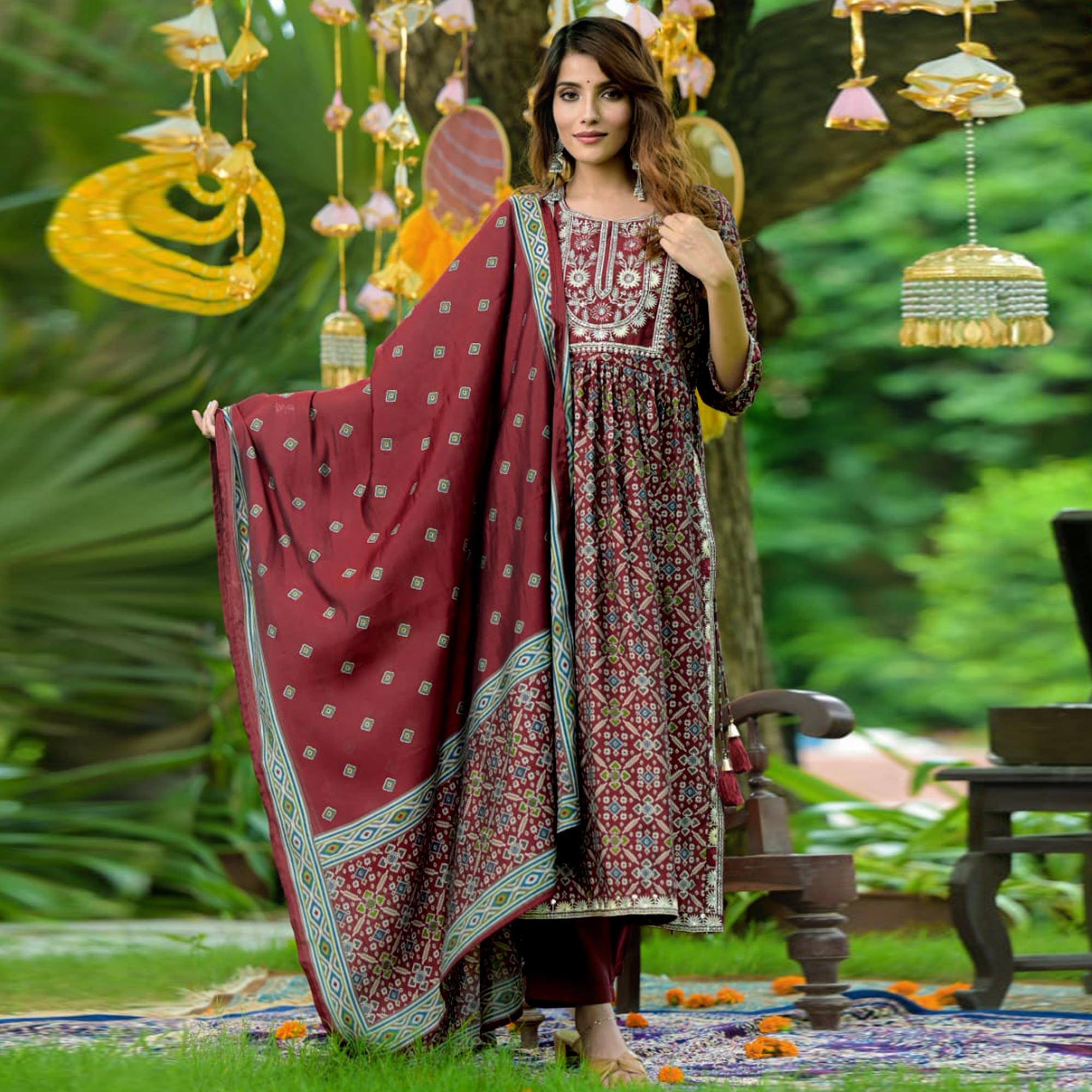 Maroon Printed-Embroidered Muslin Anarkali Suit - Peachmode