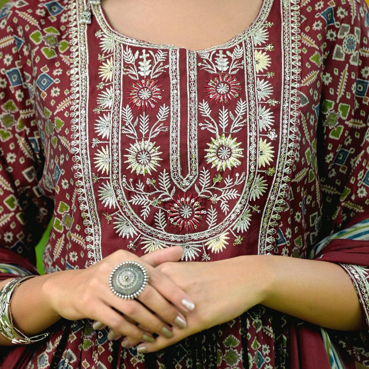 Maroon Printed-Embroidered Muslin Anarkali Suit - Peachmode
