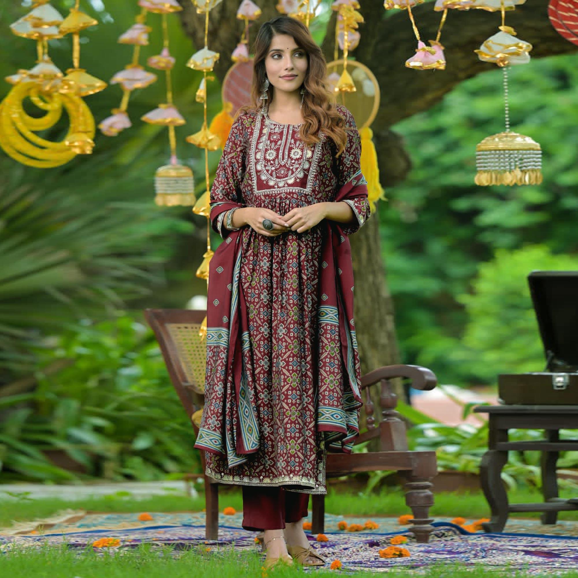 Maroon Printed-Embroidered Muslin Anarkali Suit - Peachmode