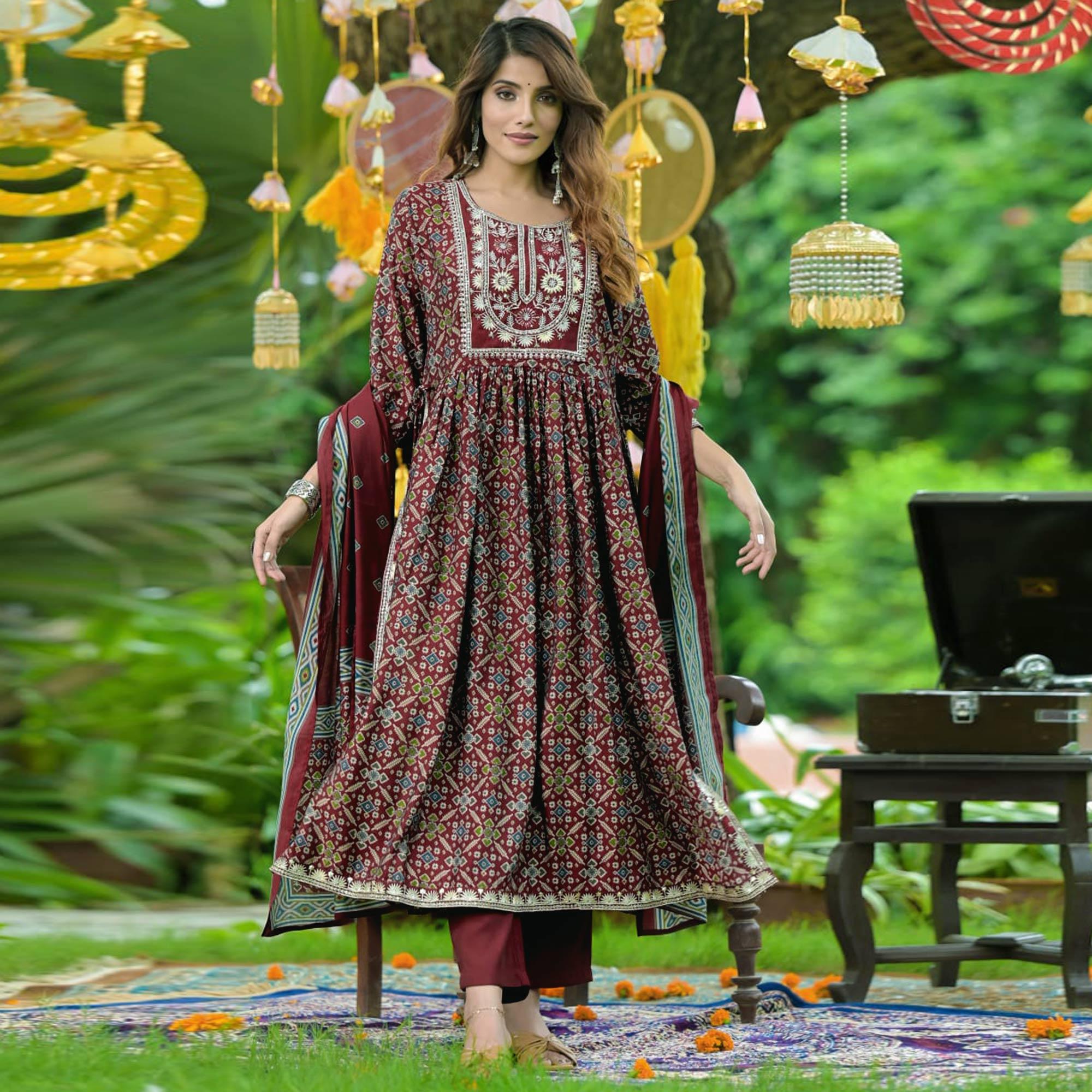 Maroon Printed-Embroidered Muslin Anarkali Suit - Peachmode