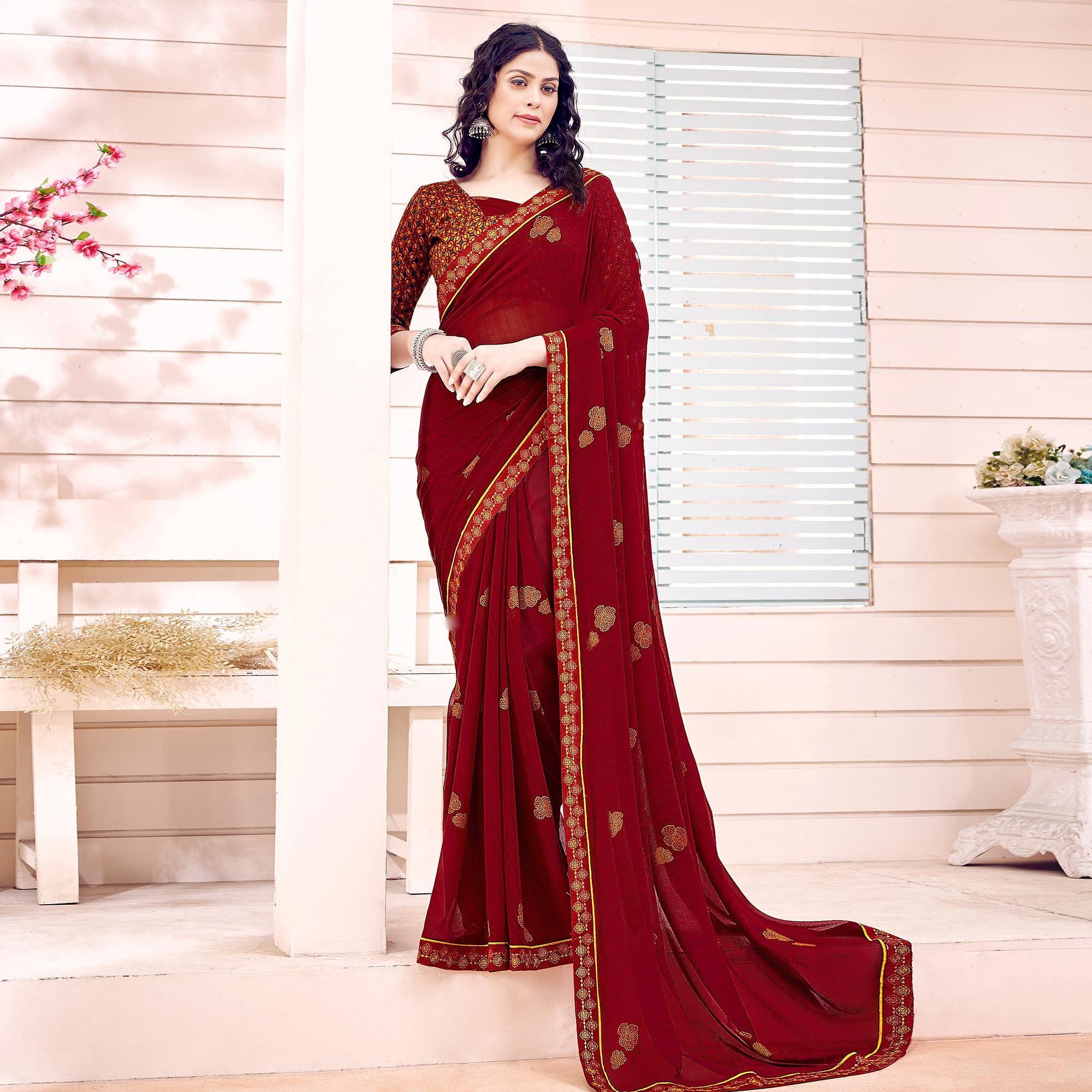 Maroon Printed Georgette Saree - Peachmode