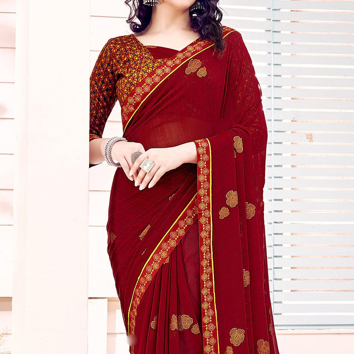 Maroon Printed Georgette Saree - Peachmode