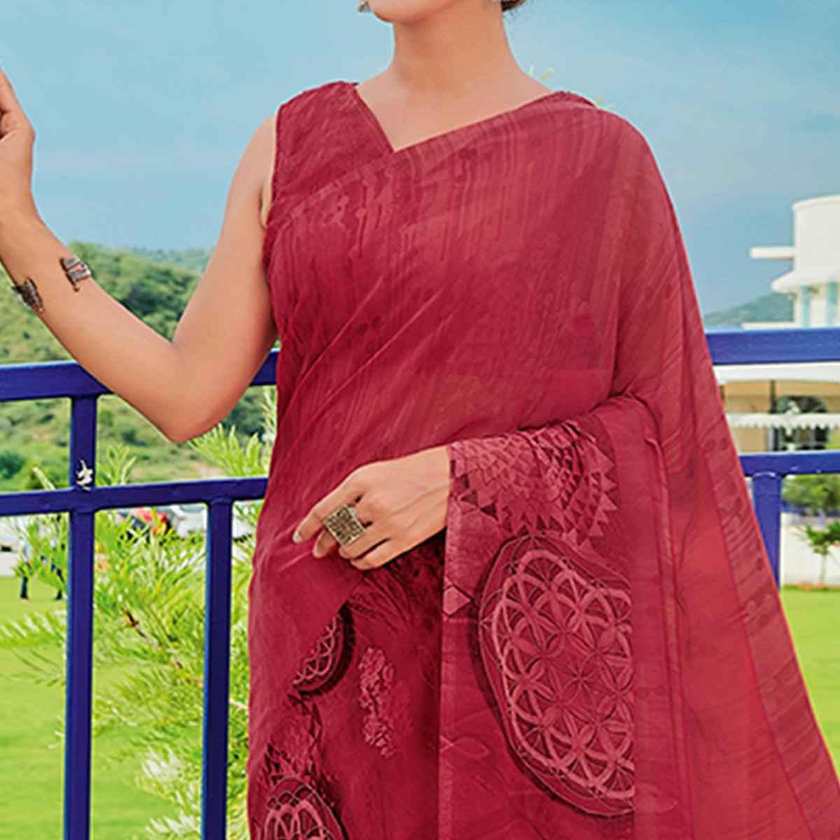 Maroon Printed Georgette Saree - Peachmode