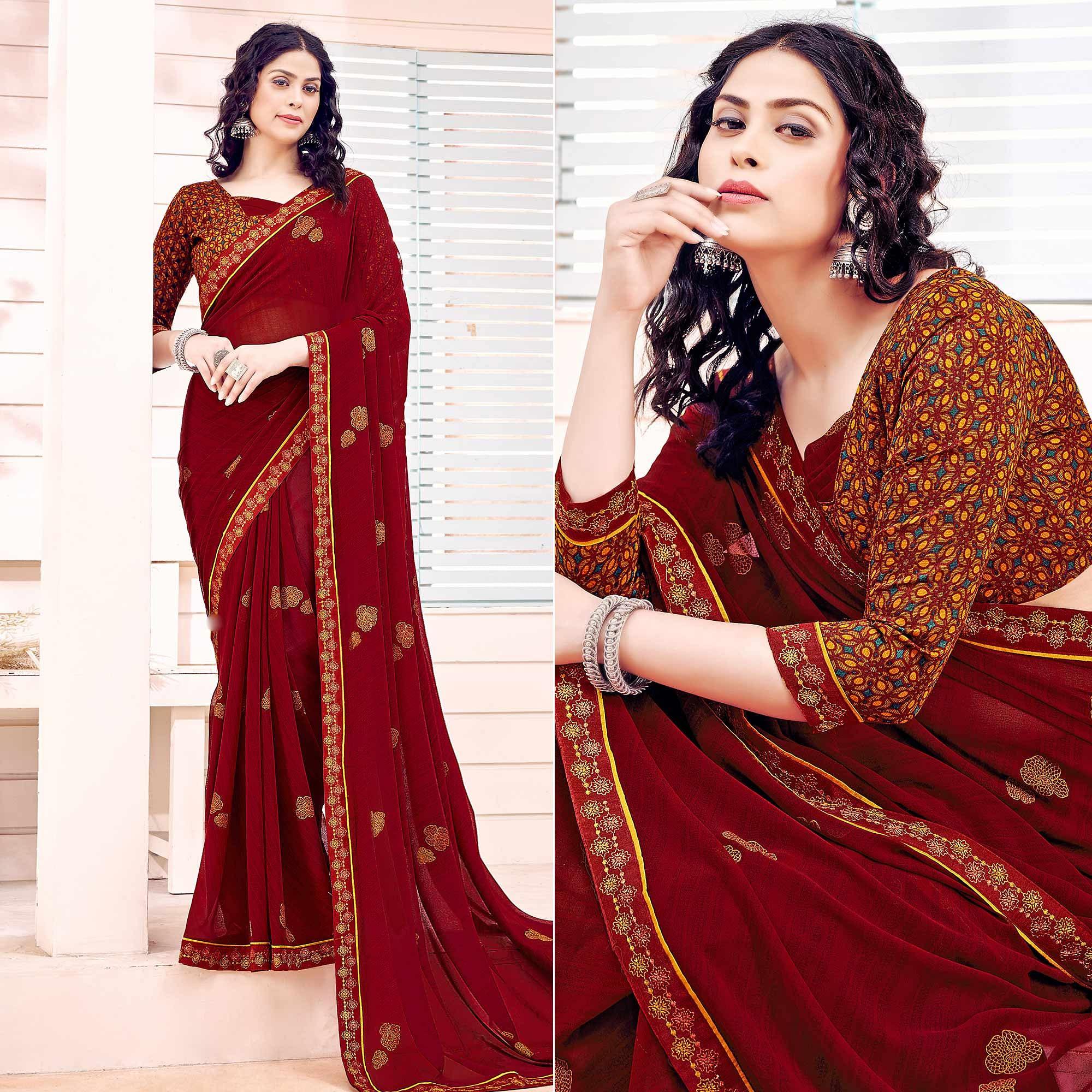 Maroon Printed Georgette Saree - Peachmode