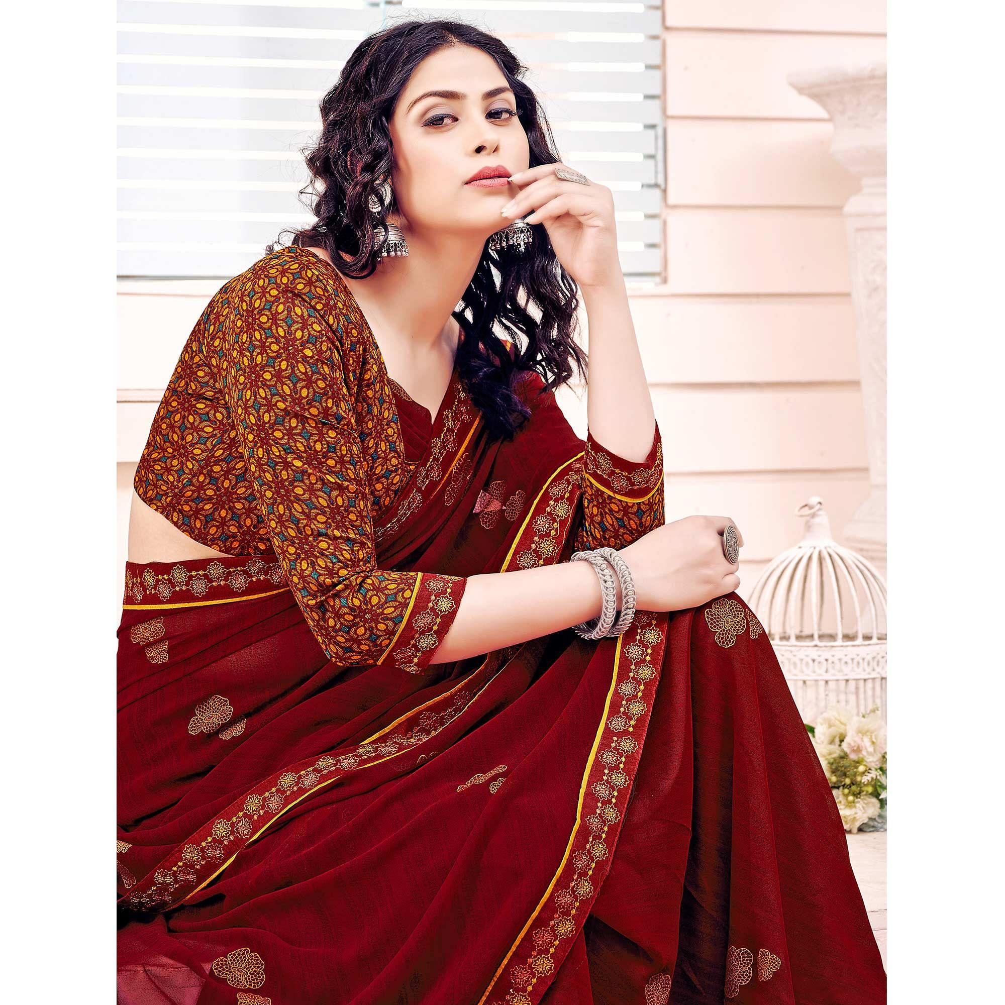 Maroon Printed Georgette Saree - Peachmode