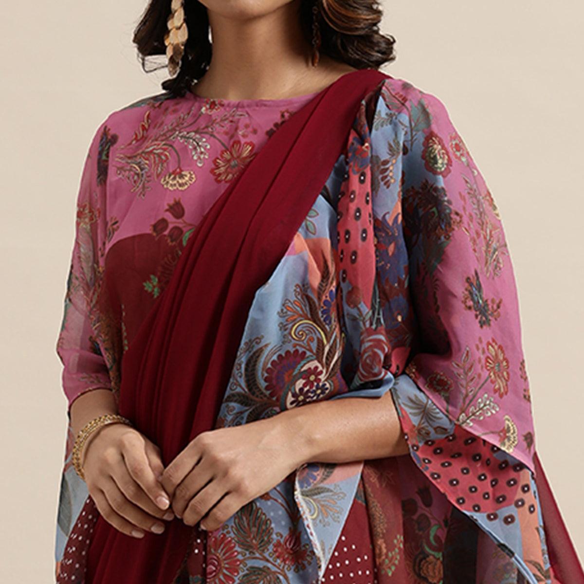 Maroon Printed Georgette Saree - Peachmode