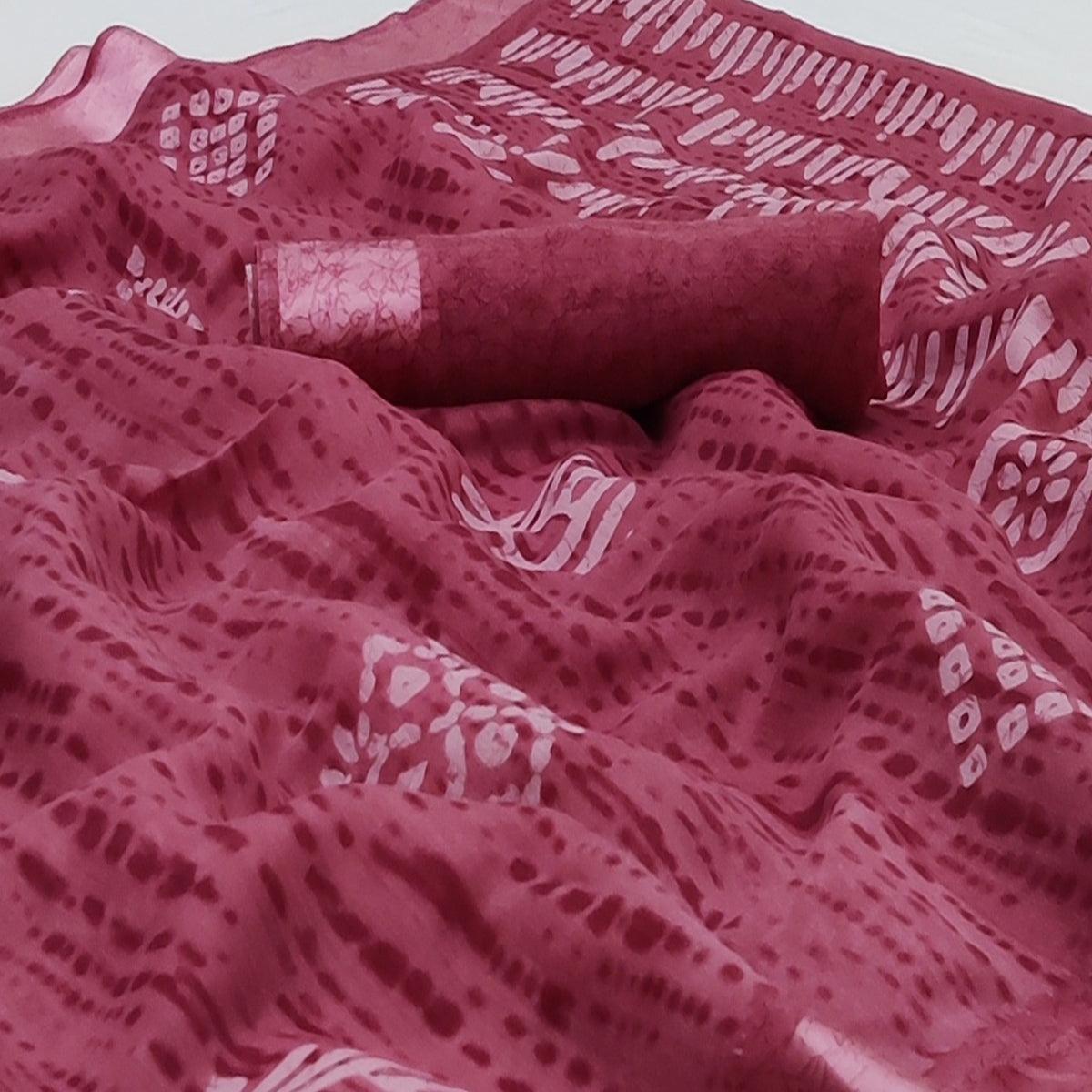 Maroon Printed Linen Saree - Peachmode