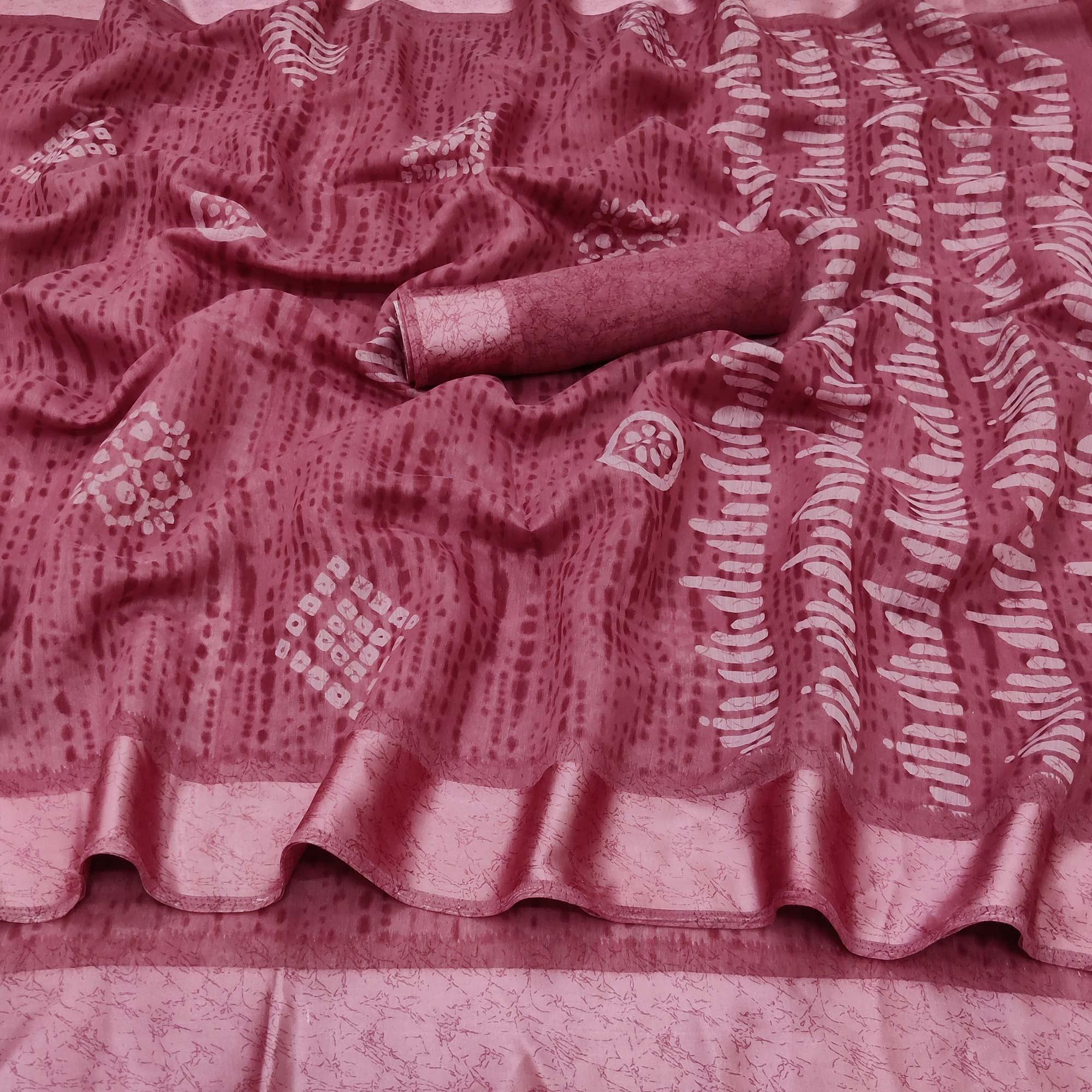 Maroon Printed Linen Saree - Peachmode