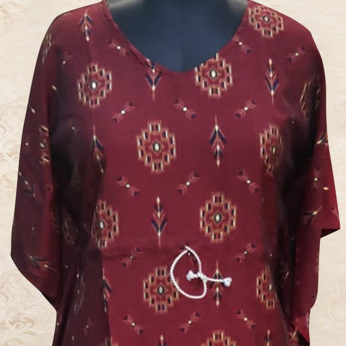 Maroon Printed Muslin Kaftan Style Top - Peachmode