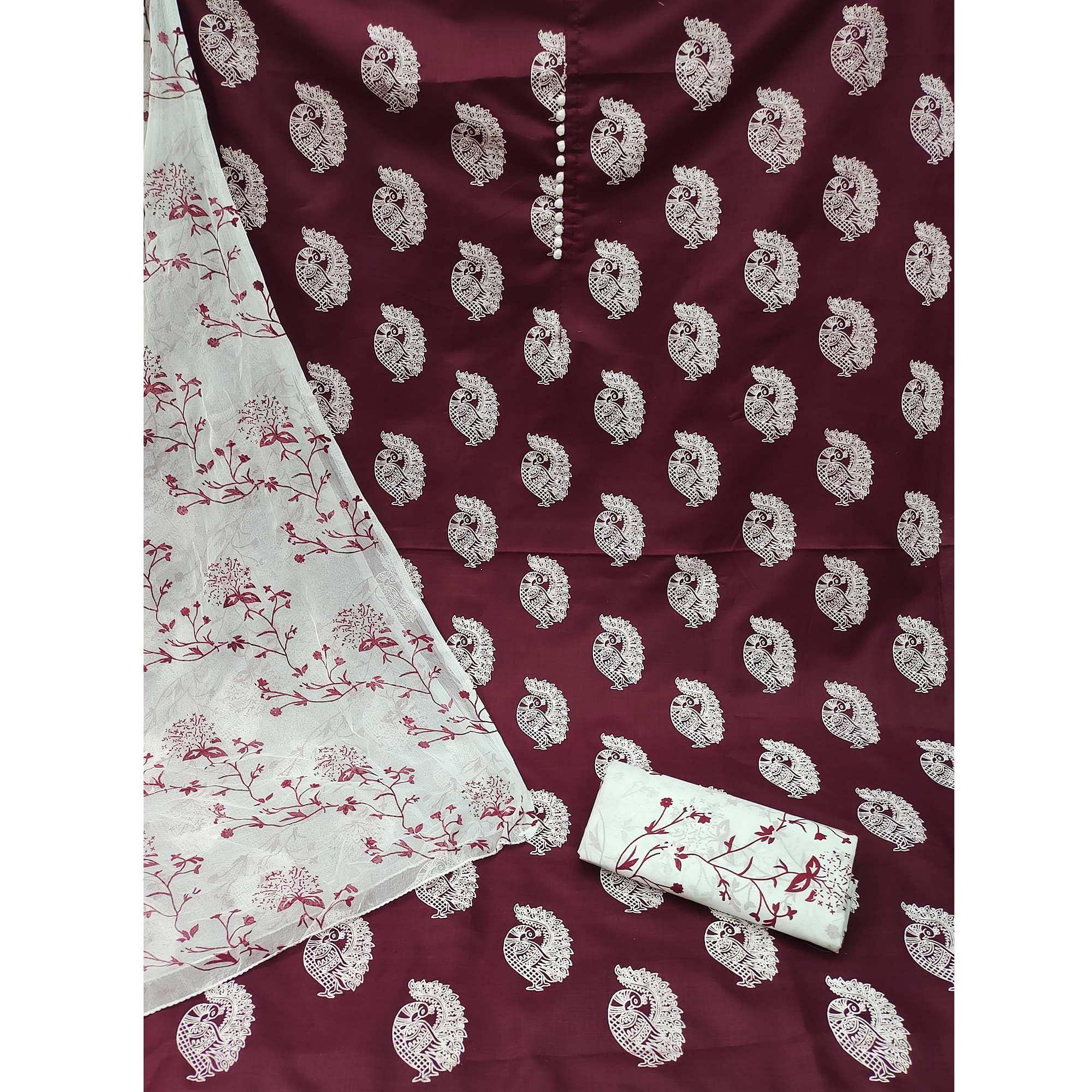 Maroon Printed Poly Cotton Dress Material - Peachmode