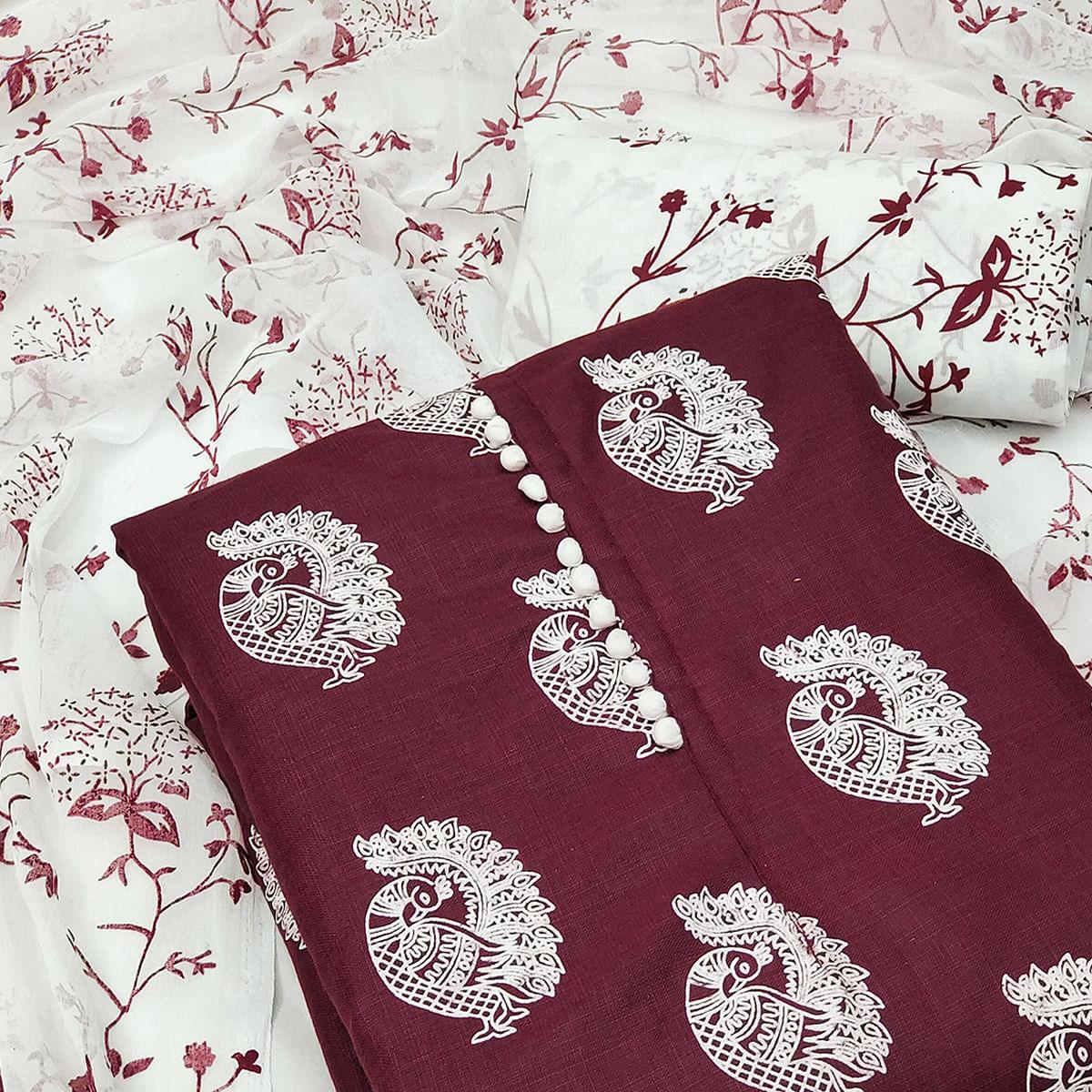 Maroon Printed Poly Cotton Dress Material - Peachmode