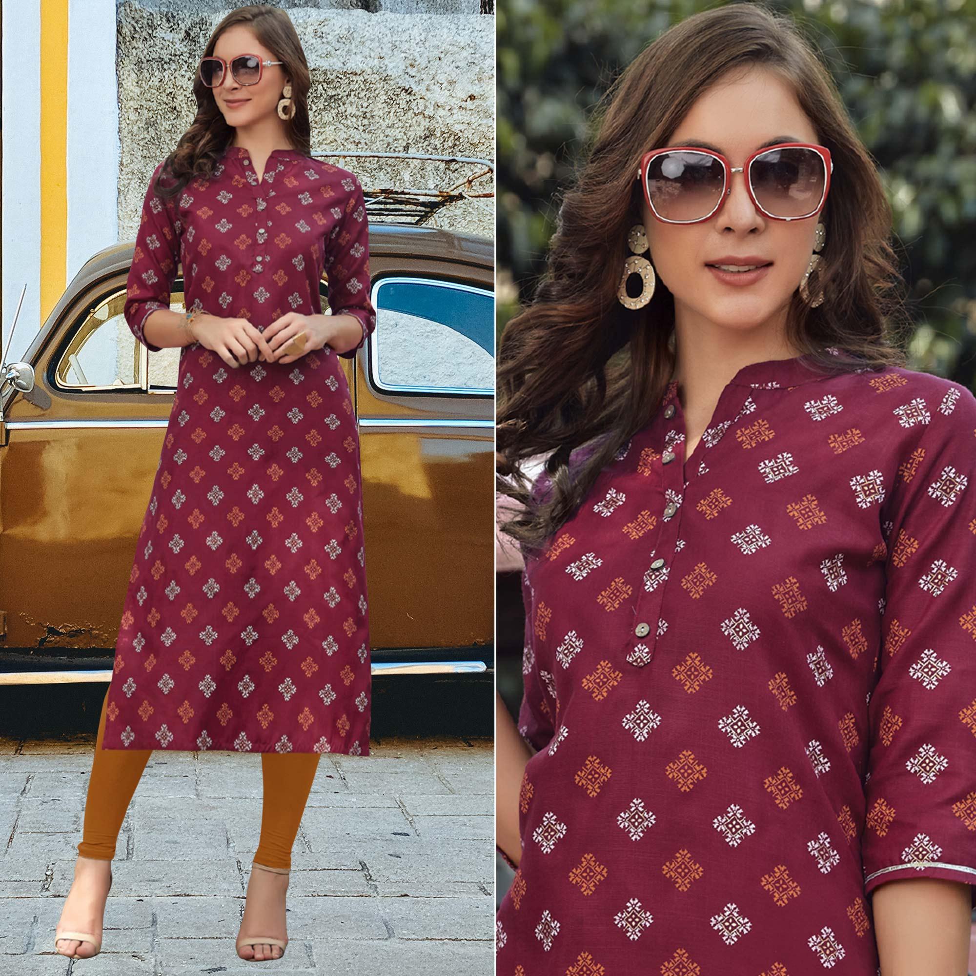 Maroon Printed Poly Cotton Kurti - Peachmode