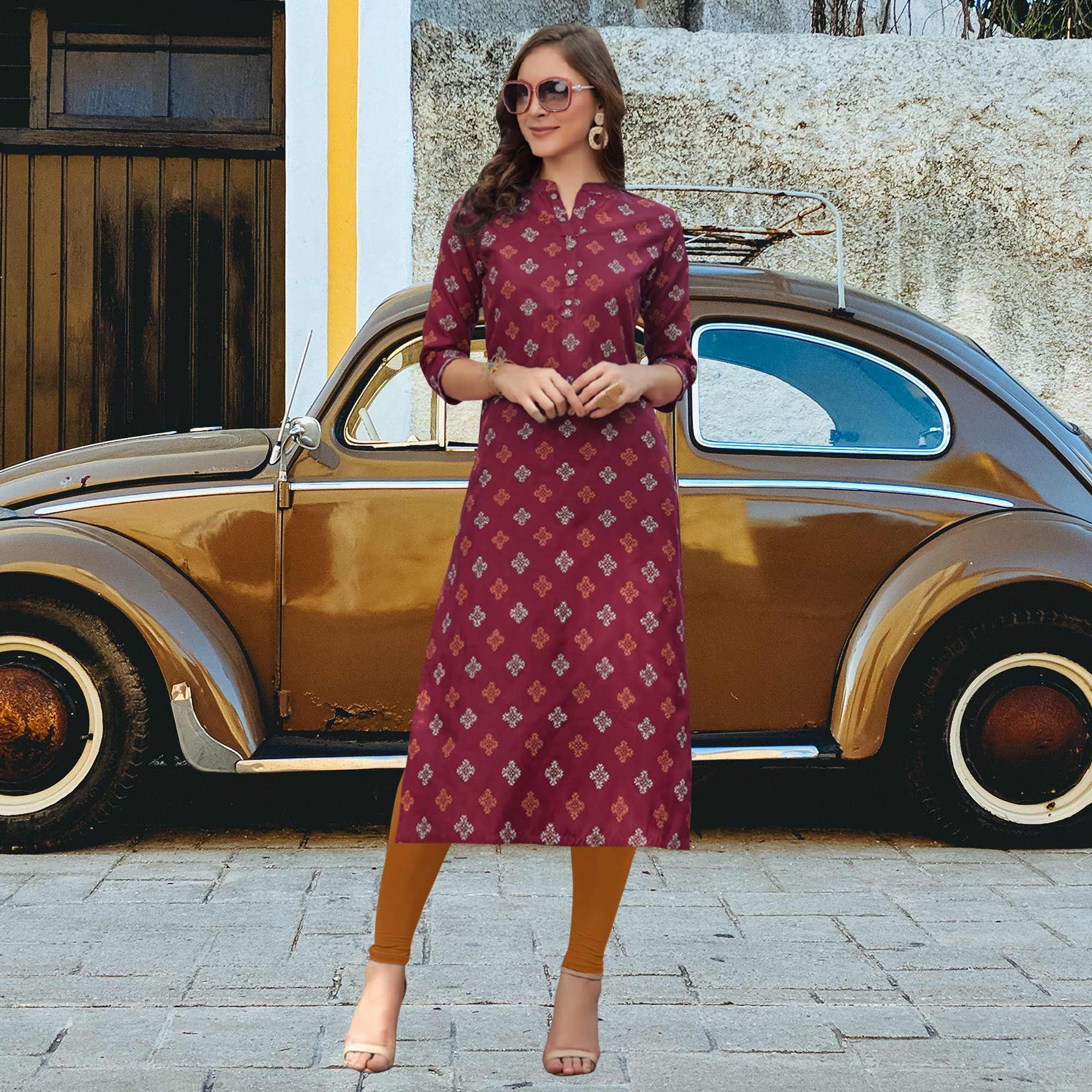 Maroon Printed Poly Cotton Kurti - Peachmode