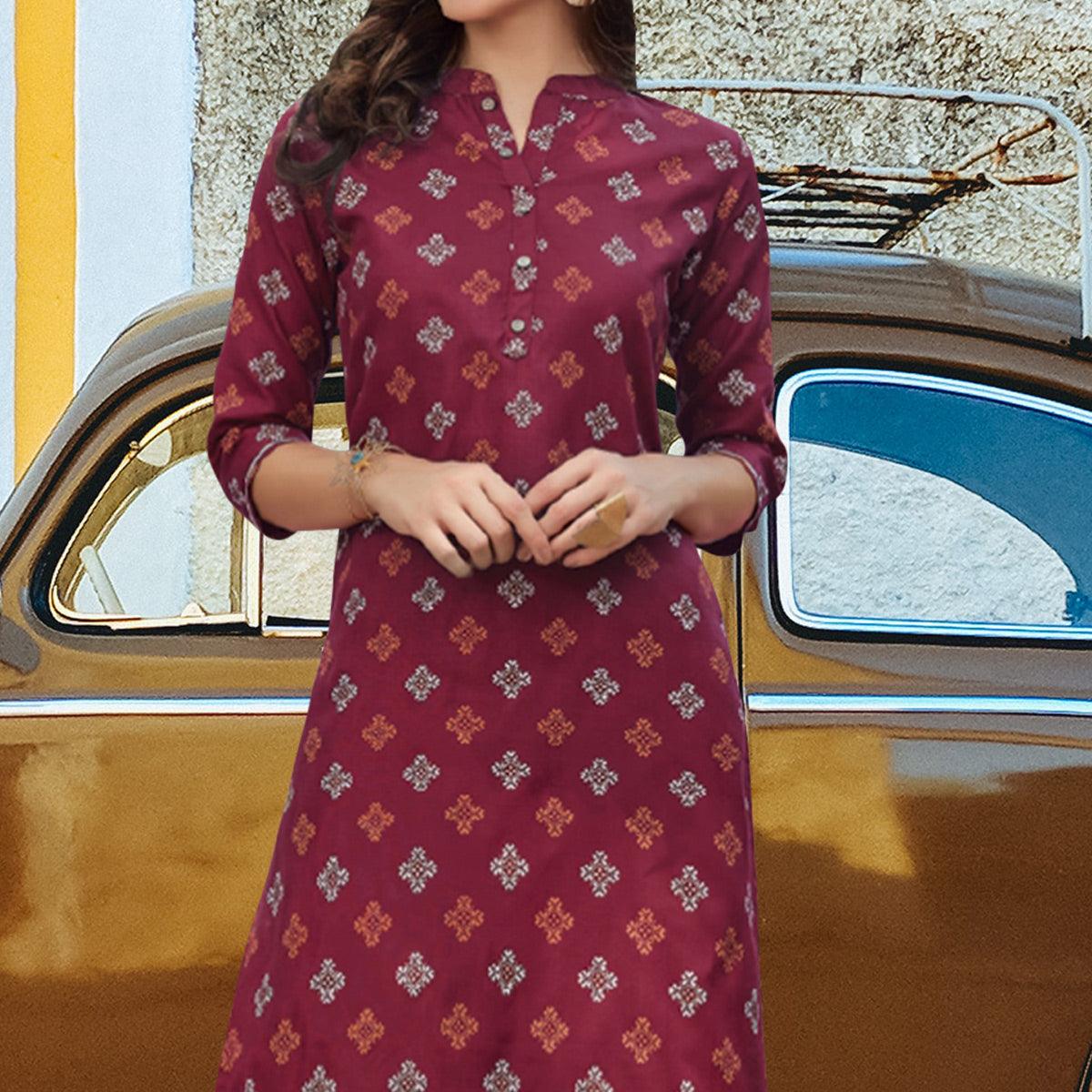 Maroon Printed Poly Cotton Kurti - Peachmode