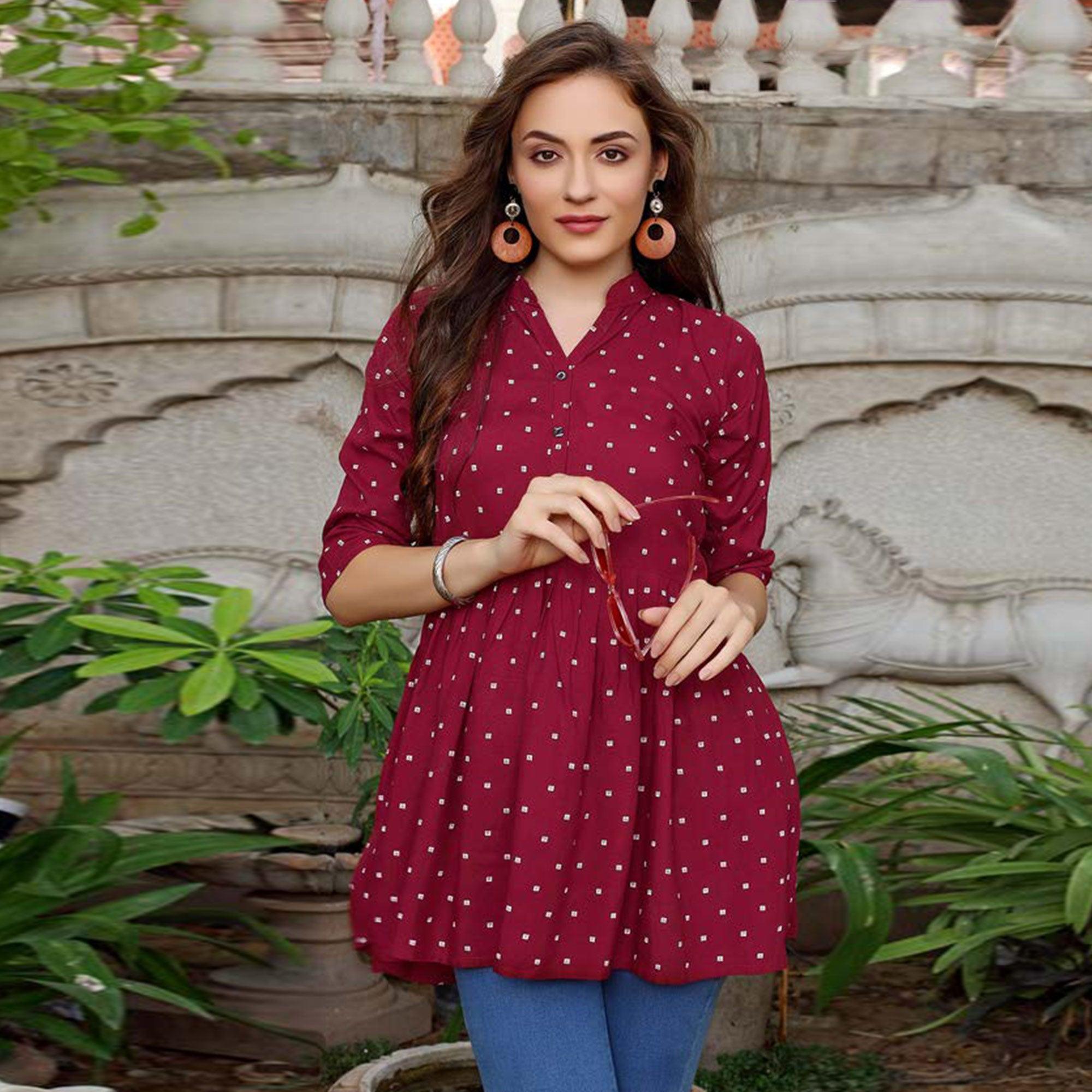 Maroon Printed Poly Cotton Top - Peachmode