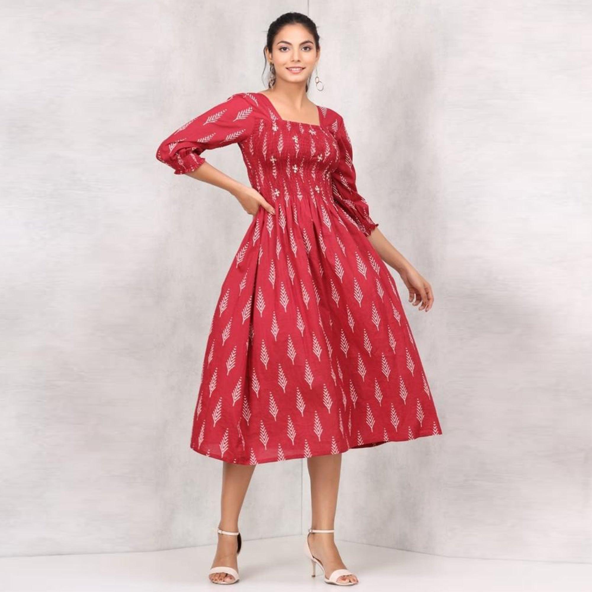 Maroon Casual Wear Printed Cotton Dress