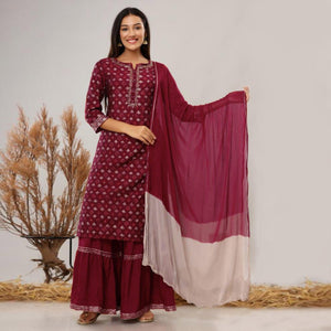 Maroon Printed Pure Cotton Sharara Suit - Peachmode
