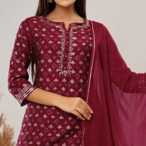 Maroon Printed Pure Cotton Sharara Suit - Peachmode