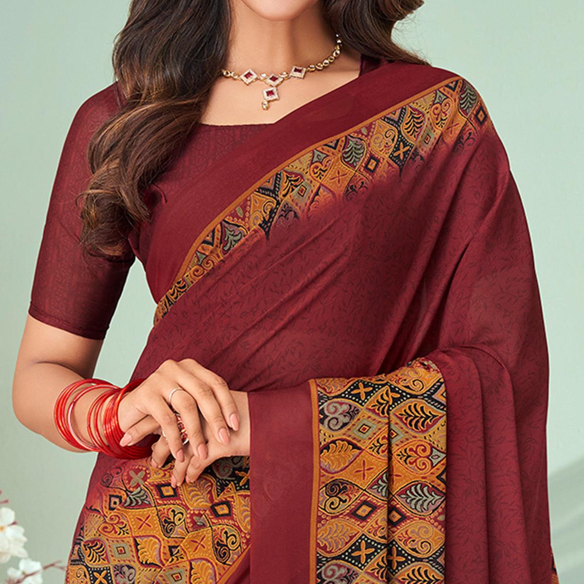 Maroon Printed Raw Silk Saree - Peachmode