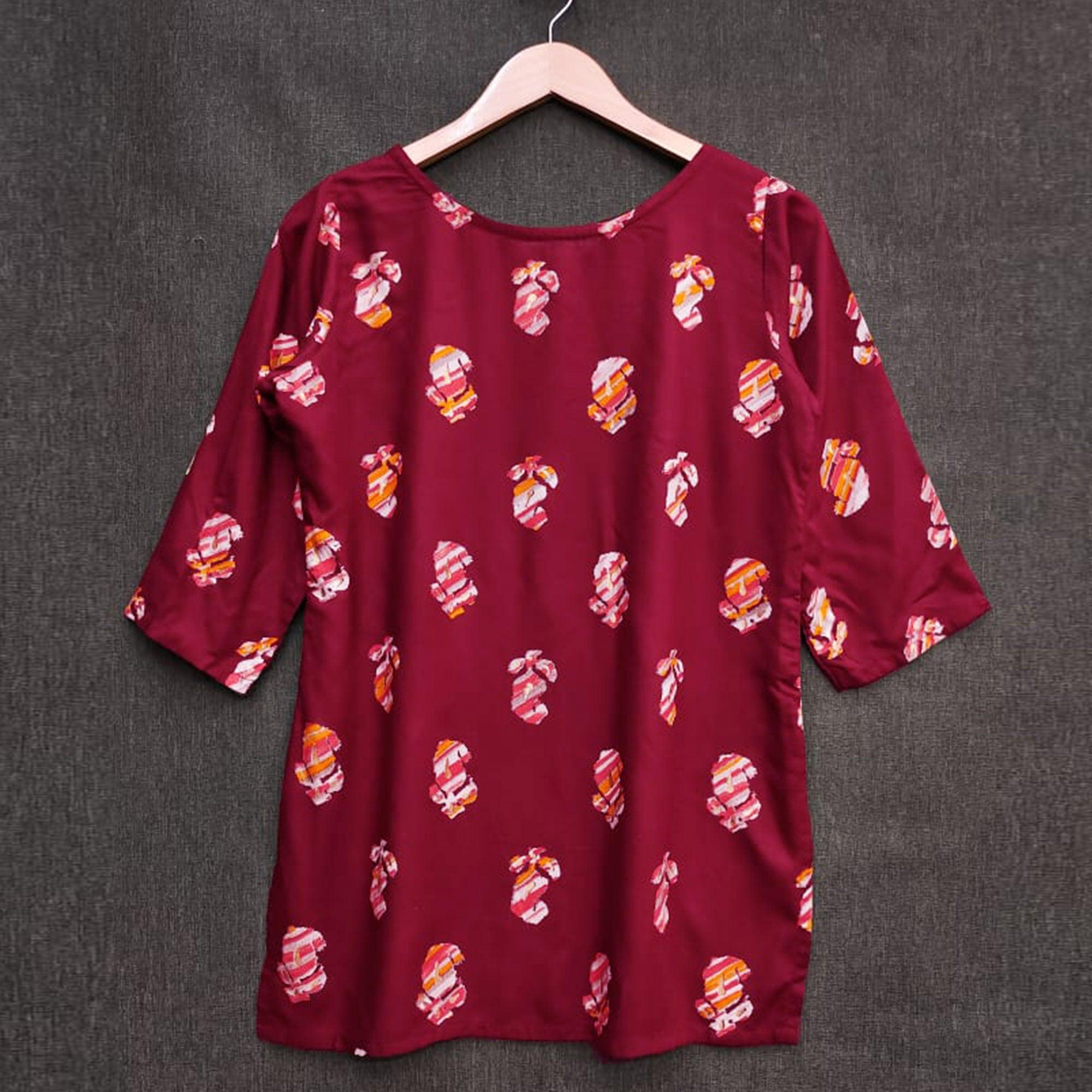 Maroon Printed Rayon Top - Peachmode